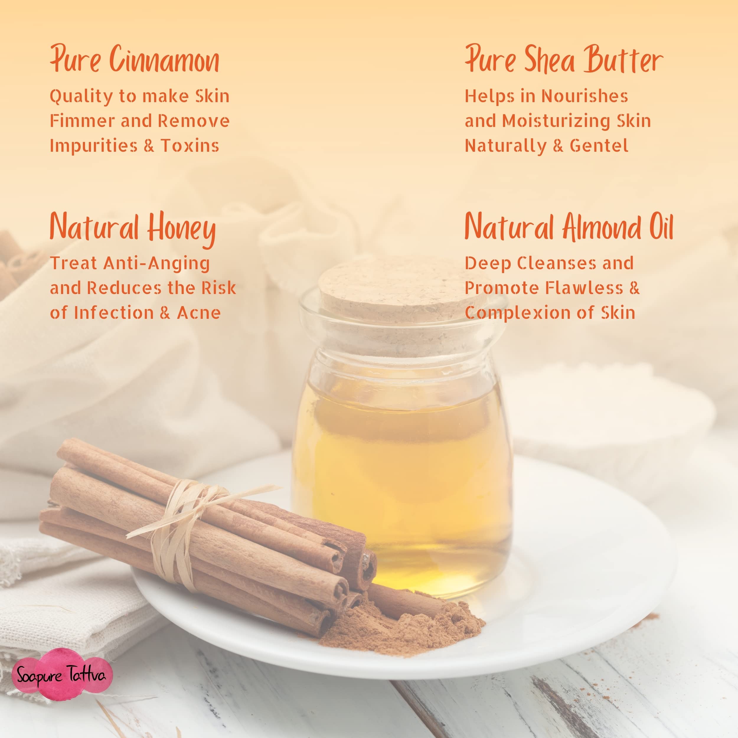 Soapure Tattva Cinnamon Honey Herbal Handmade Soap with Almond Oil - Natural Aroma for Fresh & Healthy Skin - 125g Bar Soap - Perfect for Daily Cleansing, Gift Sets & Spa Relaxation