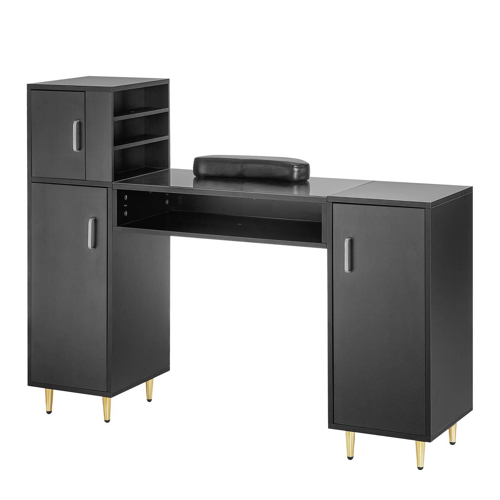 VEVOR Professional Manicure Table with Glass Top & Storage Cabinets - Acetone-Resistant Nail Tech Desk for Salon & Spa - Beauty Workstation with Wrist Rest & 8 Metal Legs (Black) | Perfect for Nail Artists, Salon Professionals & Home Beauty Stations
