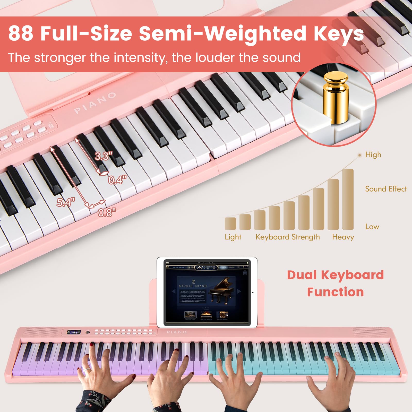 Costzon 88-Key Folding Piano Keyboard - Full-Size Semi-Weighted Digital Piano with MIDI, Microphone, Music Stand & Carrying Bag - Portable Electric Keyboard for Beginners, Teens & Adults (Pink) - Perfect for Home Practice, Travel & Live Performances