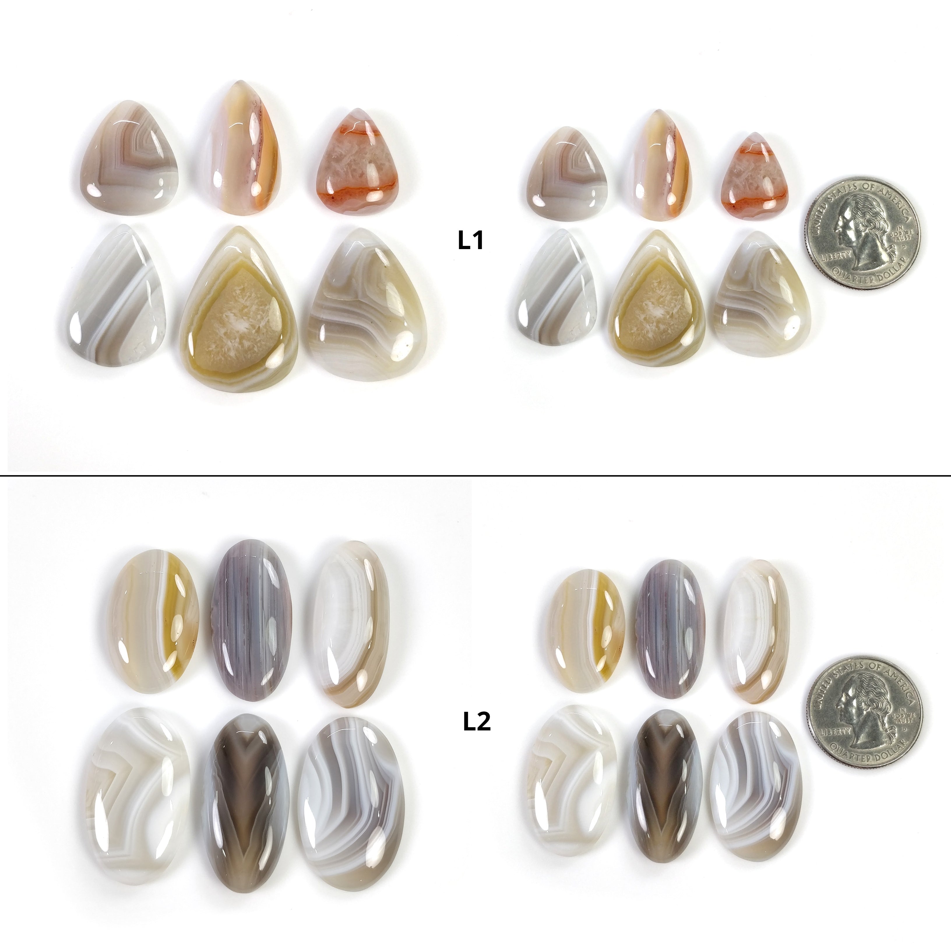Natural Botswana Agate Gemstone Cabochons - Untreated Bi-Color Agate in Oval & Triangle Shapes (19x14mm & 31x19mm, 6pcs) for Jewelry Making, Wire Wrapping & Crystal Healing