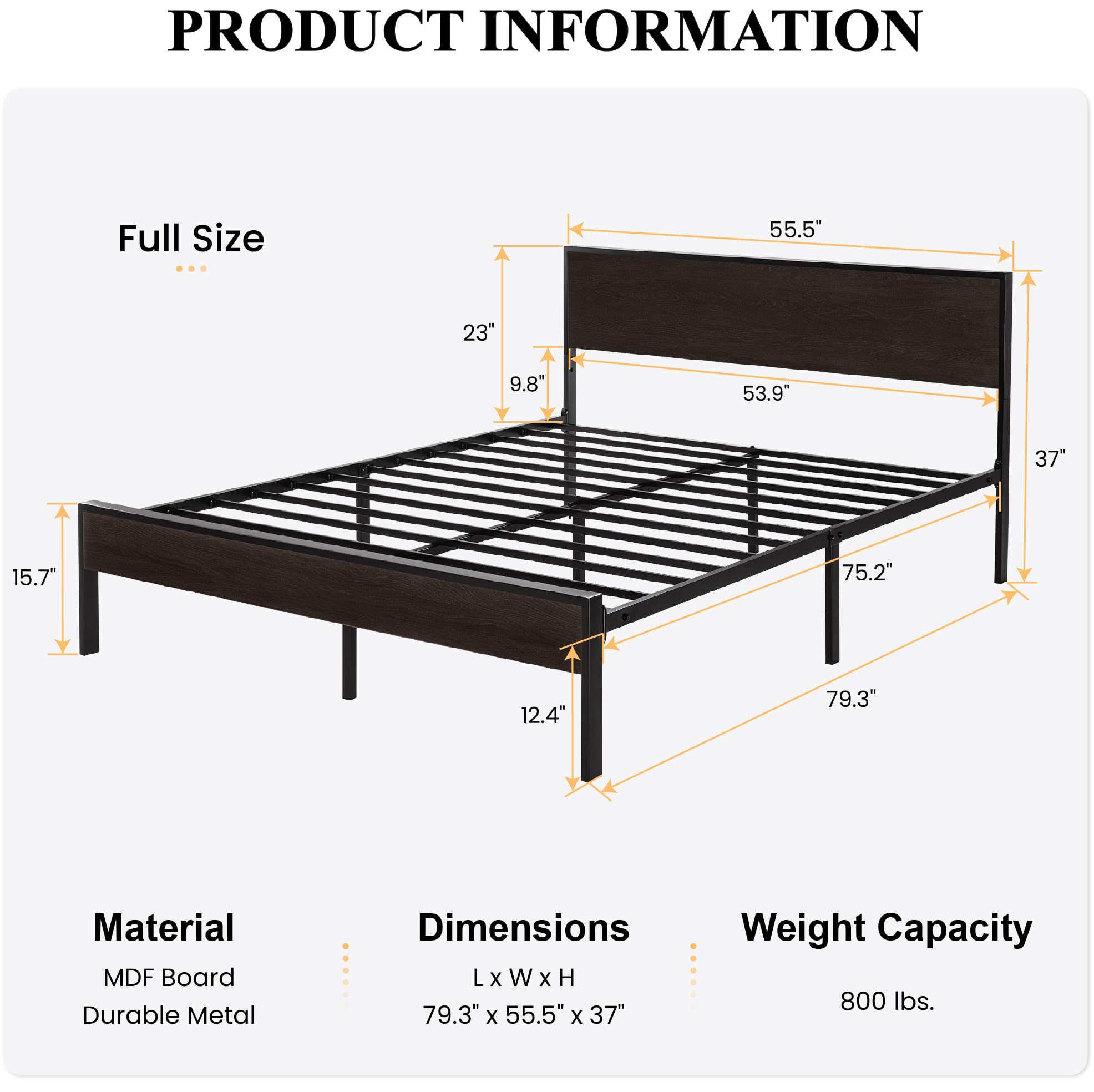 SHA CERLIN Full Bed Frame with Headboard - Heavy Duty Metal Platform Base with Under-Bed Storage, No Box Spring Needed - Easy Assembly, Black Oak Finish - Perfect for Small Bedrooms, Guest Rooms & Dormitories