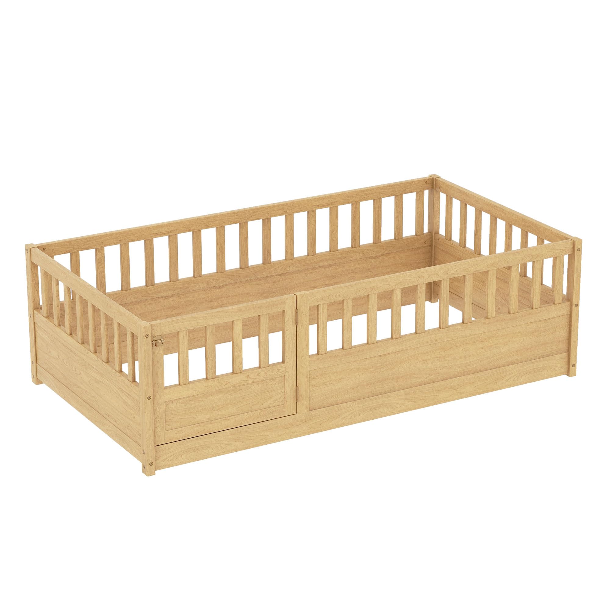 Montessori Twin Floor Bed for Kids - Wooden Low Bed with High Safety Fence & Door - Natural Wood Toddler Bed for Boys & Girls - Perfect for Bedroom, Playroom & Montessori Learning Spaces
