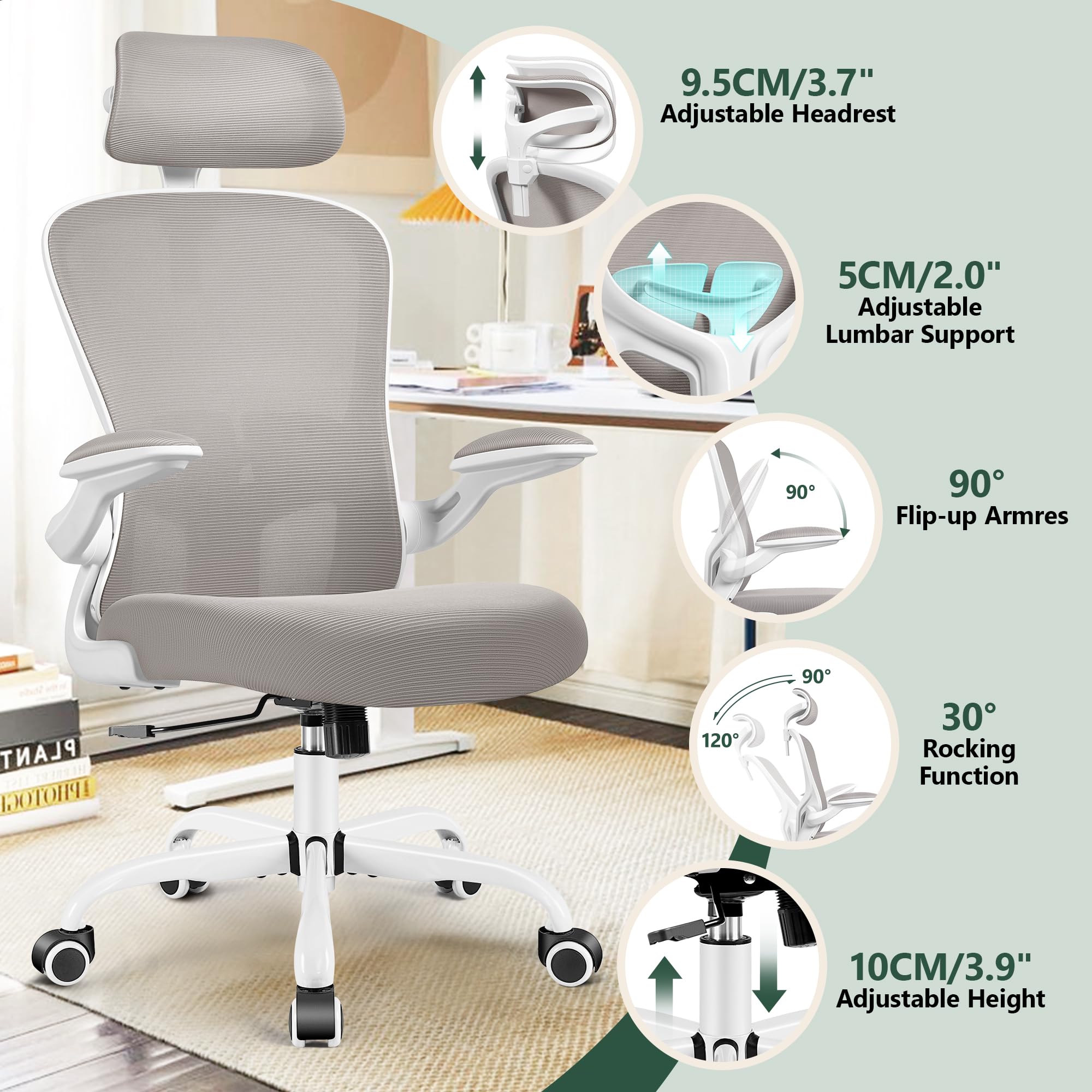 FelixKing Ergonomic Office Chair with Adjustable Lumbar Support & Headrest - High Back Swivel Task Chair for Home Office, Gaming & Workspace - Adjustable Height & Armrests (Gray) - Perfect for Long Work Hours, Online Meetings & Comfortable Gaming Sessions