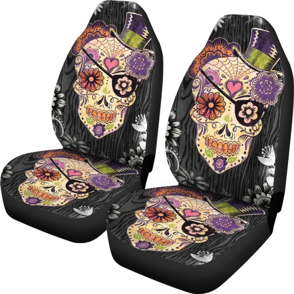 2 Pcs Sugar Skull Car Seat Covers - Halloween Decor Car Accessories for Dia de Los Muertos - Protect Your Seats in Style | Perfect for Cars, Trucks & SUVs