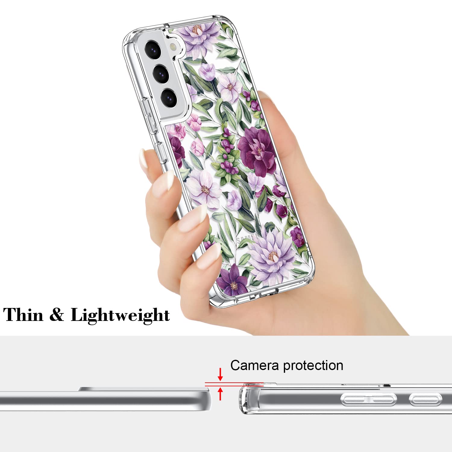 Samsung Galaxy S22 Case - Slim Fit Crystal Clear Protective Cover with Fashionable Pink Purple Floral Design for Women & Girls | Durable Rugged Shockproof Phone Case for Samsung Galaxy S22 6.1