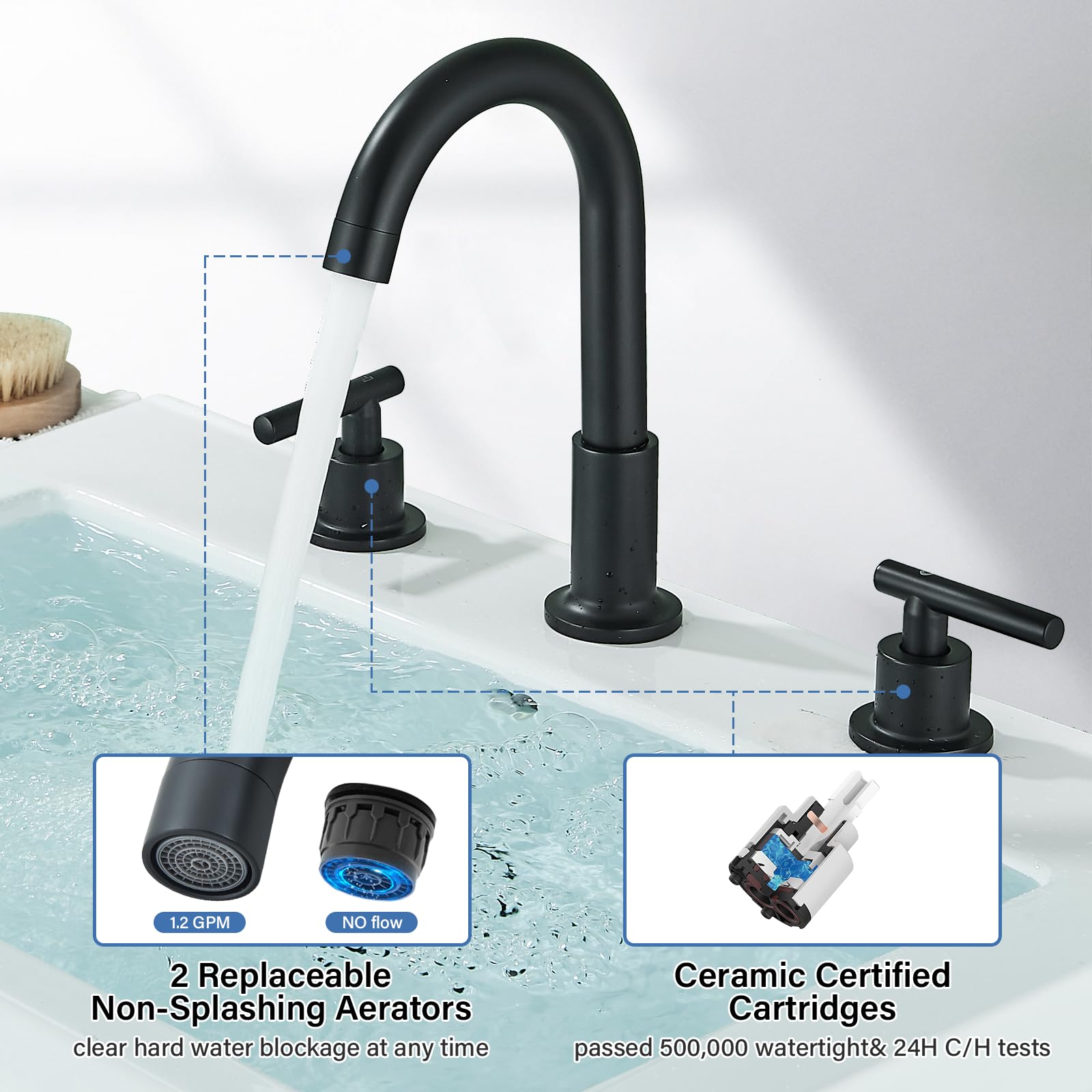 8 Inch Matte Black Bathroom Sink Faucet - 3 Hole 2 Handle Vanity Faucet with Pop-Up Drain & Fast Connect System, Durable Stainless Steel Construction for Bathroom & Powder Room Sinks - Perfect for Modern Home, Hotel, and Commercial Use