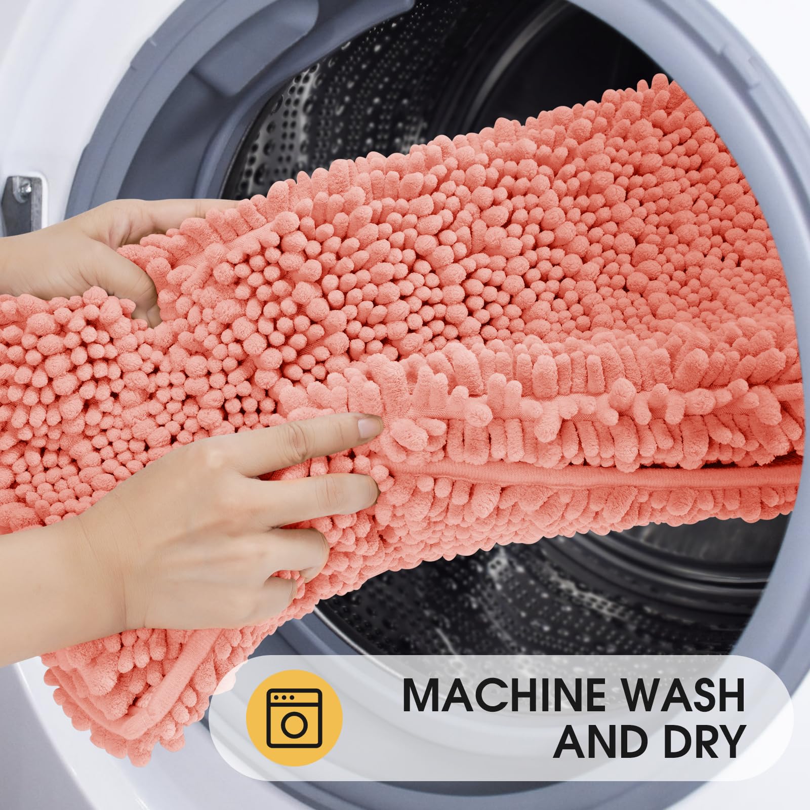 ACCUMTEK Extra Large 3-Piece Coral Bathroom Rug Set - Ultra Soft, Thick Absorbent Non-Slip Chenille Bath Mats for Bathroom, Bedroom & Kitchen - Perfect for Spa-Like Comfort and Home Decor