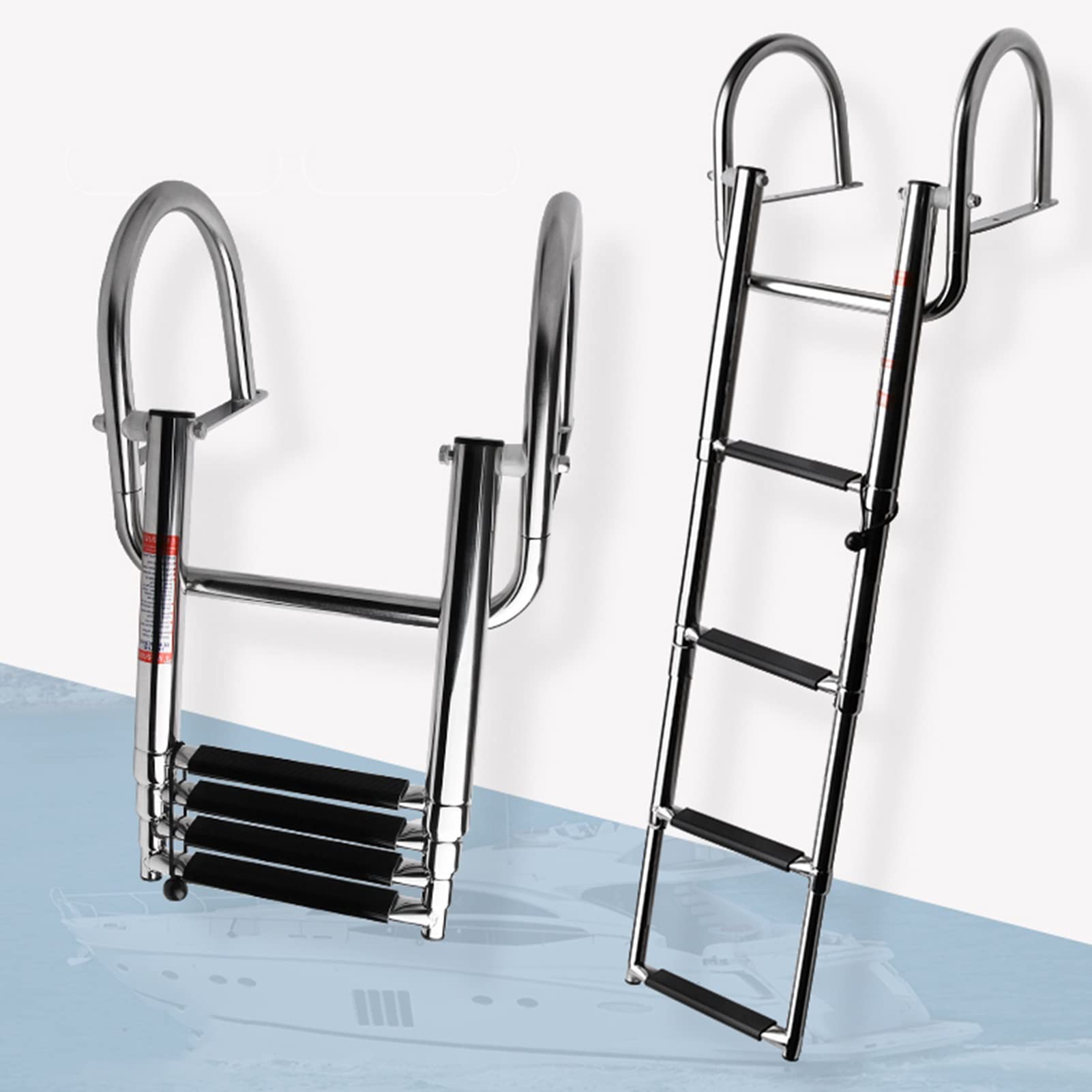 Stainless Steel 4-Step Marine Ladder - Foldable Telescoping Boat Ladder for Yachts & Speedboats with Handrail (Silver) | Perfect for Swimming, Boarding & Water Sports Access
