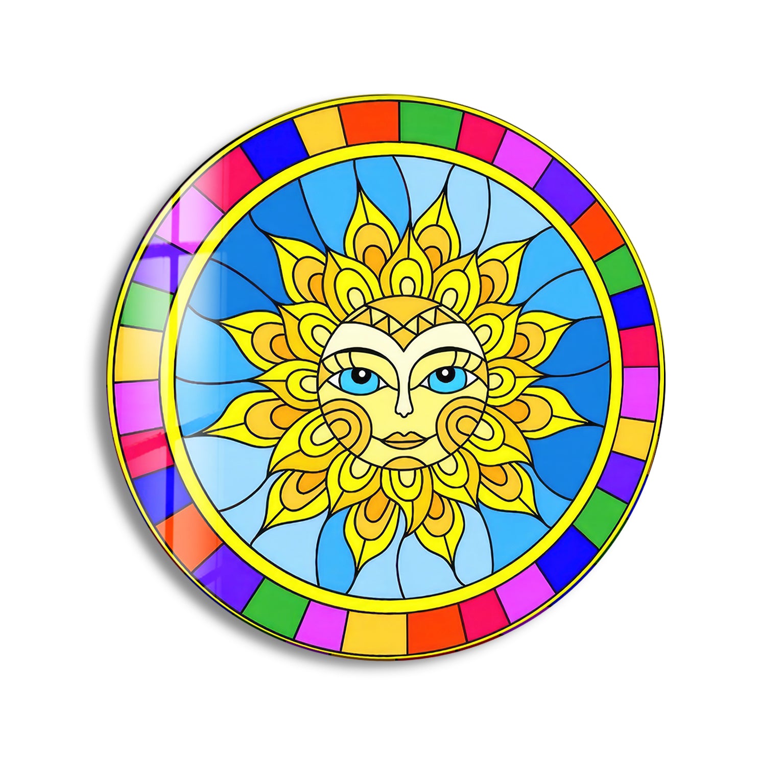 Boho Sun Face Round Wall Art - Colorful Celestial Decor in Glass for Living Room, Bedroom & Boho Home Decor