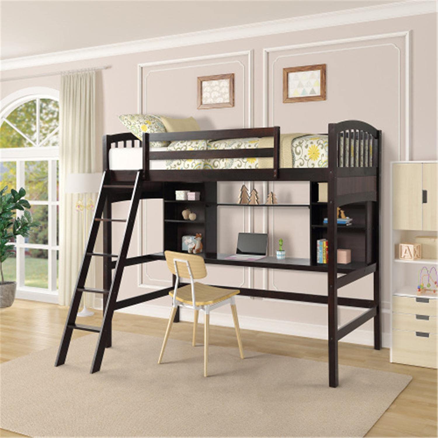 Twin Size Wood Loft Bed with Built-in Desk & Storage Shelves - No Box Spring Needed - Espresso Finish - Perfect for Small Bedrooms, Dorms & Kids Rooms