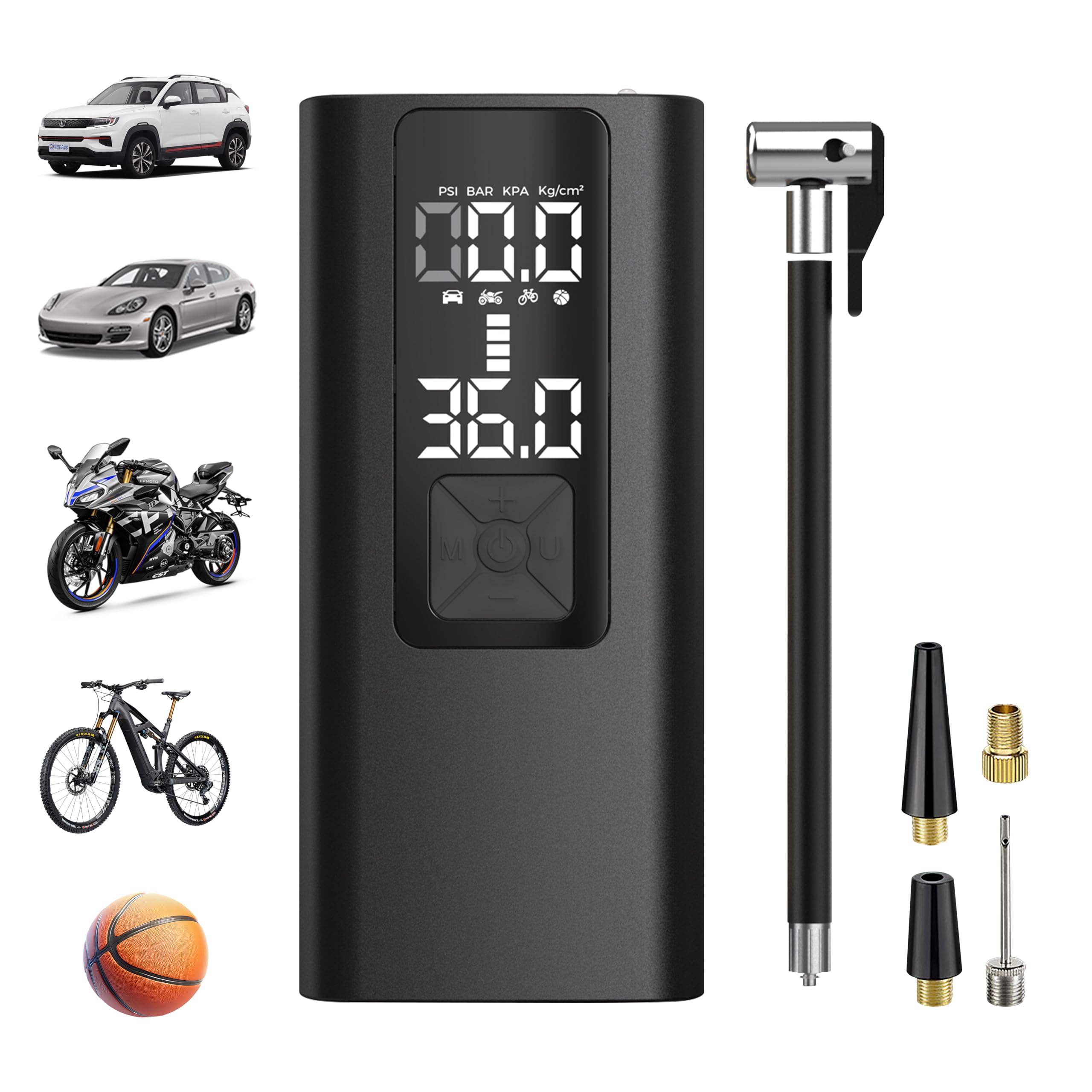 Portable Air Compressor for Car Tires - Digital Tire Inflator with Pressure Gauge, Fast 4X Inflation, Rechargeable Battery - Perfect for Cars, Motorcycles, Bikes, Sports Balls & Emergency Use (Includes LED Light & Power Bank Function)
