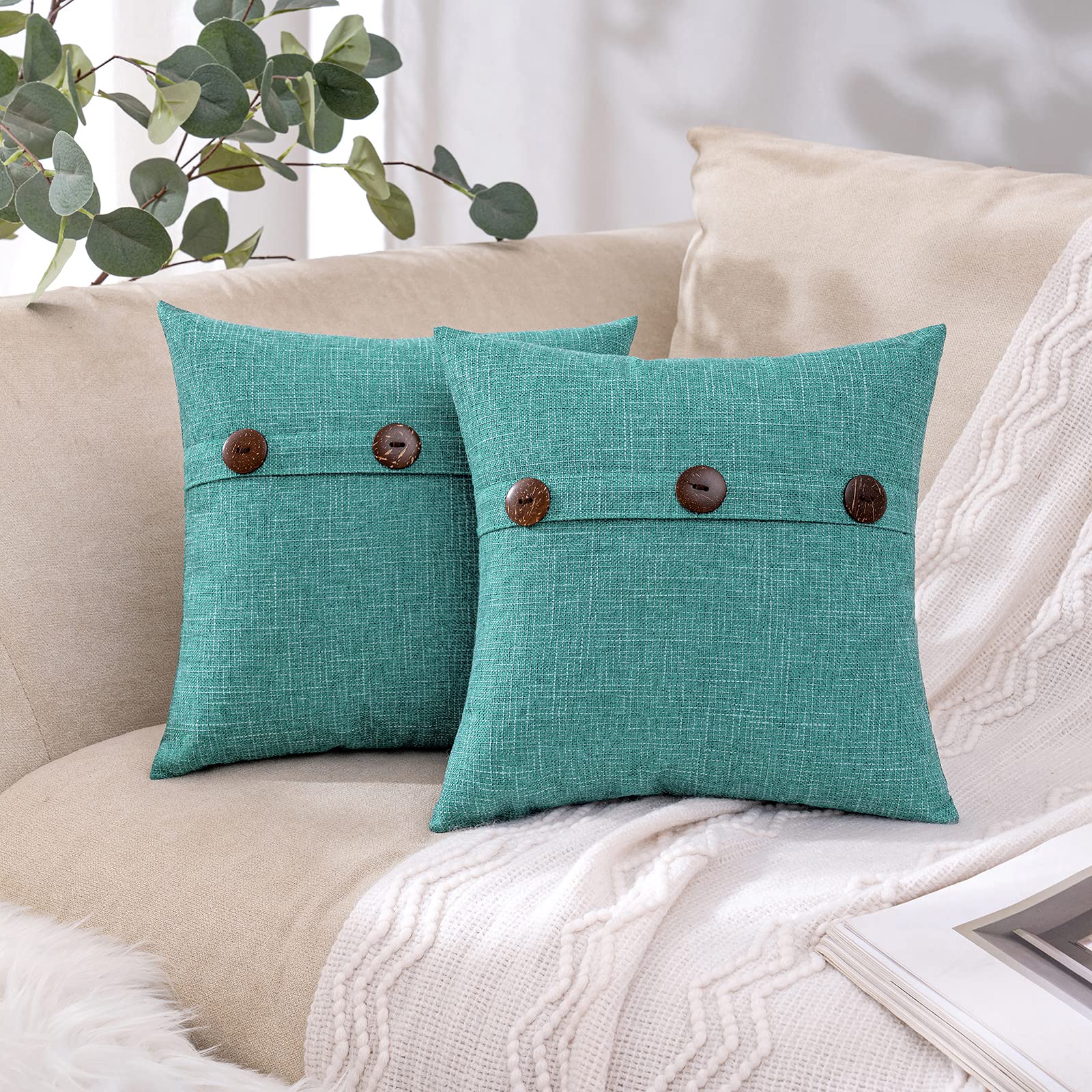MIULEE Set of 2 Vintage Farmhouse Linen Throw Pillow Covers - 14x14 Inch Turquoise Decorative Cushion Cases with Triple Button Closure for Couch, Sofa & Bed - Perfect for Living Room, Bedroom & Home Decor