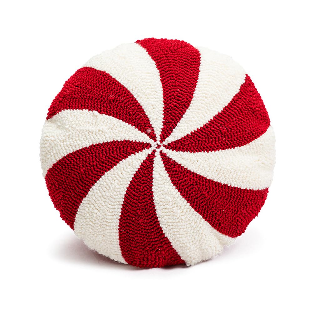 Christmas Candy Throw Pillow - 15x15 Inch White Round Decorative Holiday Pillow for Couch, Sofa & Bed - Soft Plush Winter Decor for Home, Living Room & Christmas Tree Skirt Area