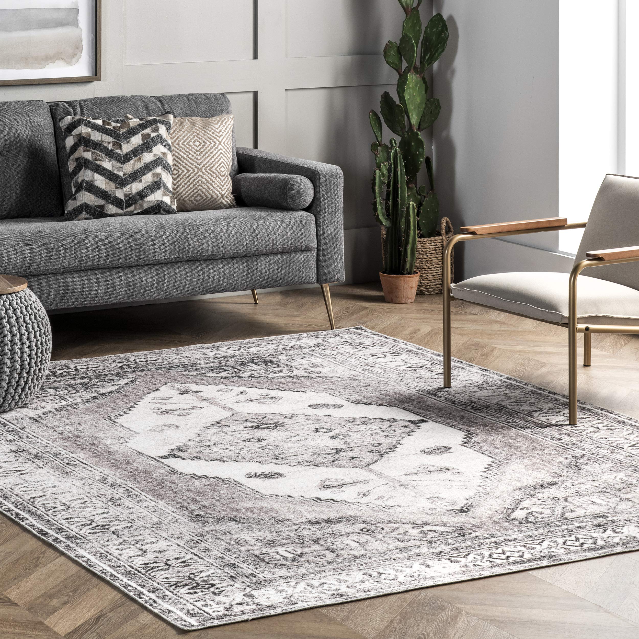 nuLOOM Gladys Machine Washable Vintage Medallion Ultra Thin Area Rug 7'x9' Light Grey - Perfect for Living Room, Bedroom & Dorm Decor