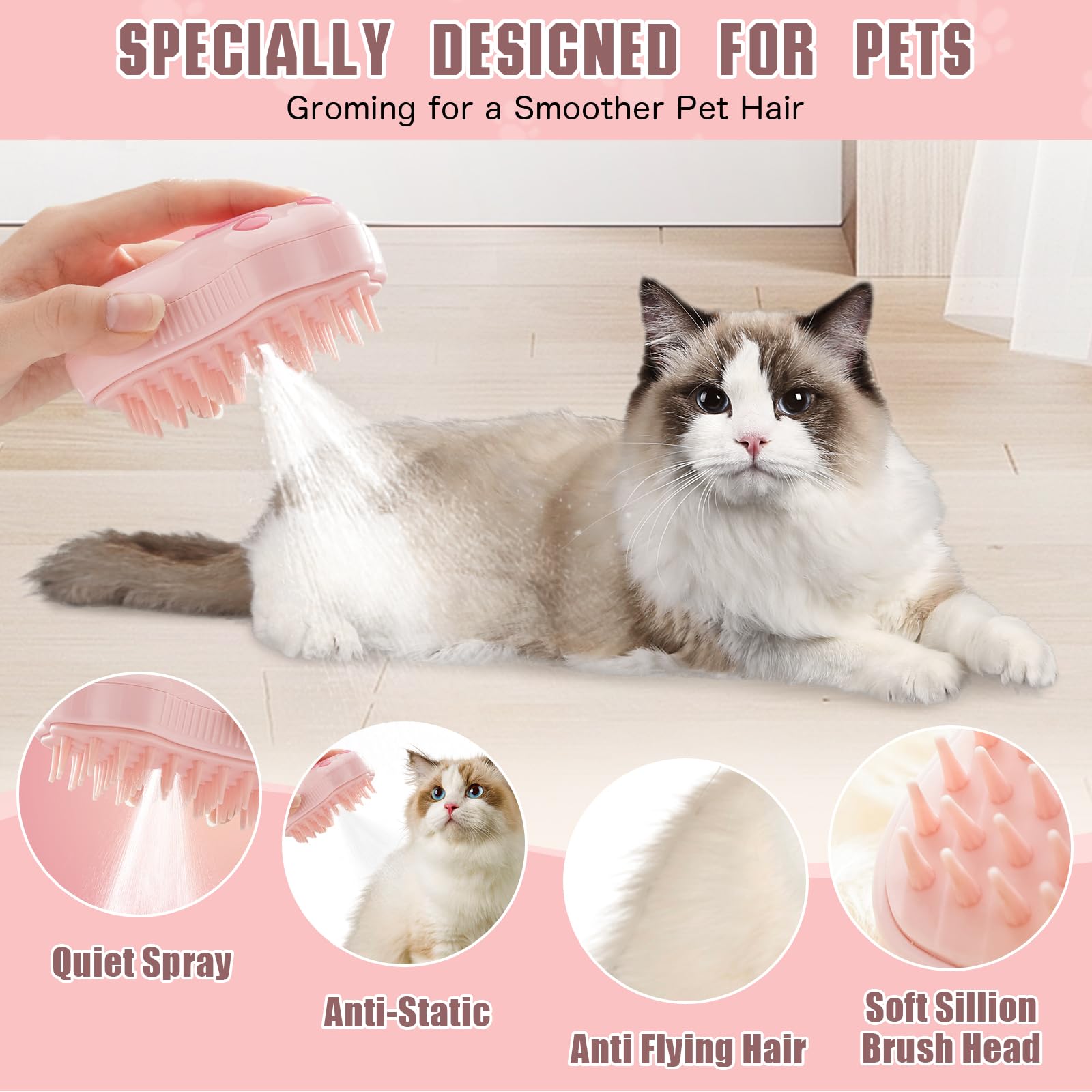 3-in-1 Electric Cat Grooming Brush with Steam - Self-Cleaning Silicone Pet Hair Brush for Massage, Shedding Control & Loose Hair Removal | Perfect for Daily Cat Care & Spa Grooming Sessions at Home