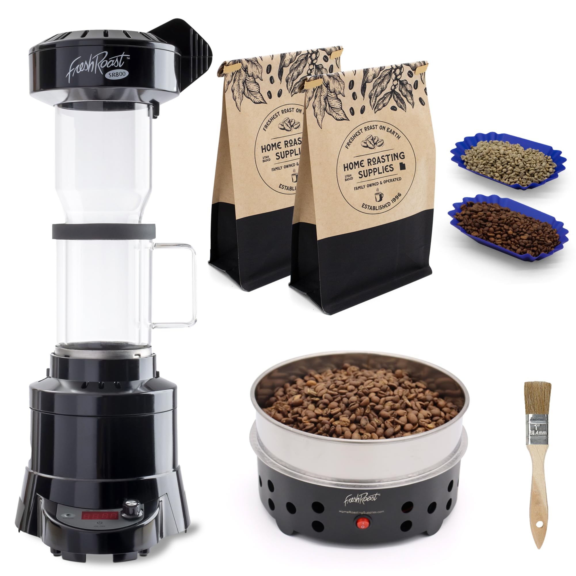Fresh Roast SR800 Coffee Roaster Bundle with Glass Extension Tube, Coffee Bean Cooler, 2 Lbs Green Beans Sample Pack & 2 Sample Trays - Perfect for Home Coffee Roasting Enthusiasts & Small Batch Artisan Coffee Shops
