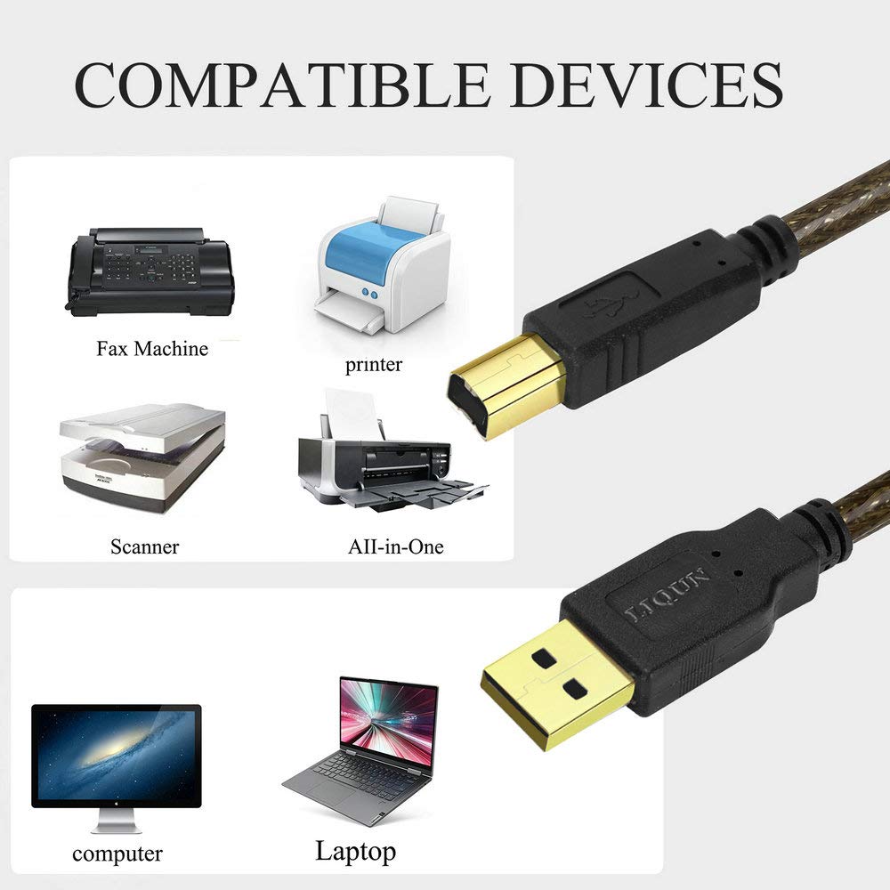 25ft USB 2.0 Printer Cable - High Speed A Male to B Male Scanner Cable for HP, Canon, Brother, Lexmark, Epson Printers - Durable Office & Home Use Connectivity Solution