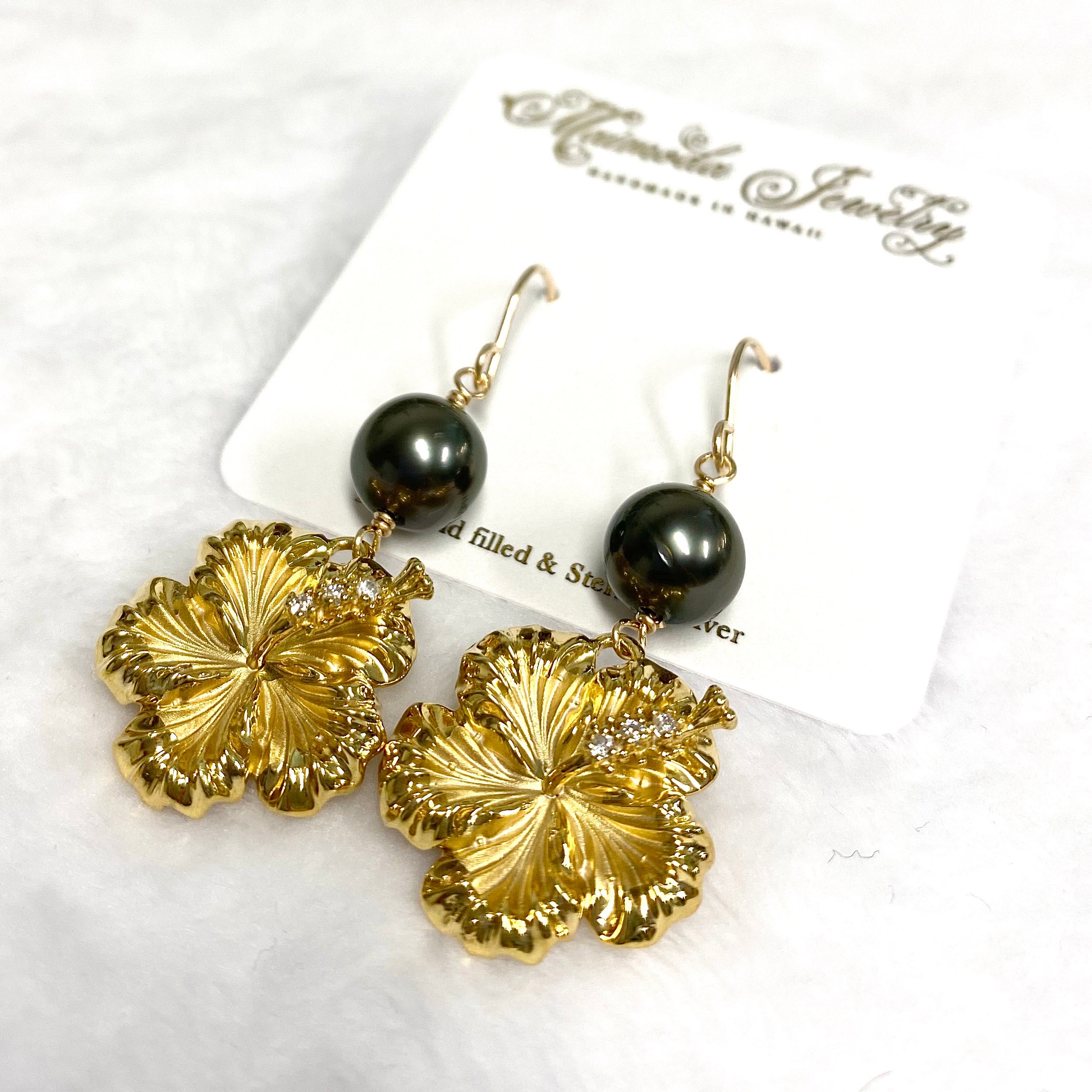 Exquisite CZ Hibiscus Earrings with Genuine Tahitian Pearls - Elegant Jewelry for Women, Perfect for Weddings, Parties & Special Occasions