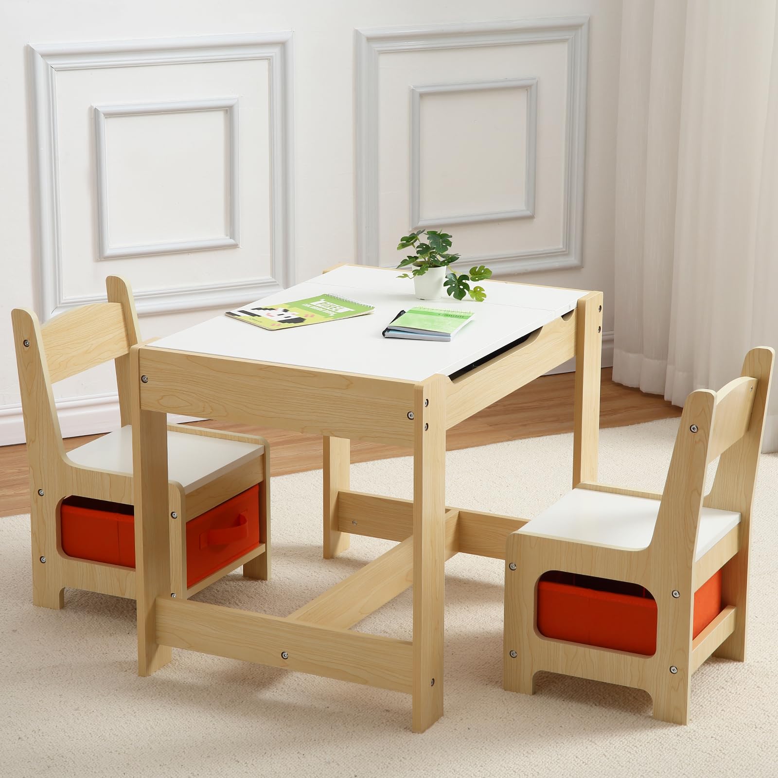 GARVEE 3-in-1 Kids Table and Chair Set with Storage Drawer | Wooden Activity Table for Toddlers | Arts & Crafts Table | 2-in-1 Tabletop | Natural Wood Playroom Furniture for Home, Preschool & Kindergarten | Perfect for Drawing, Learning & Playtime Activities