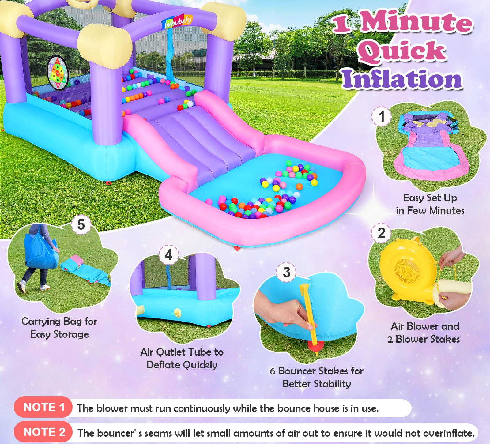Inflatable Bounce House for Kids 3-6 Years - Pink Jumping Castle with Ball Pit, Slide & 470W Blower | Includes 50 Ocean Balls & 6 Sticky Darts | Indoor/Outdoor Toddler Playhouse for Birthday Parties, Backyard Fun & Girls' Gift Ideas