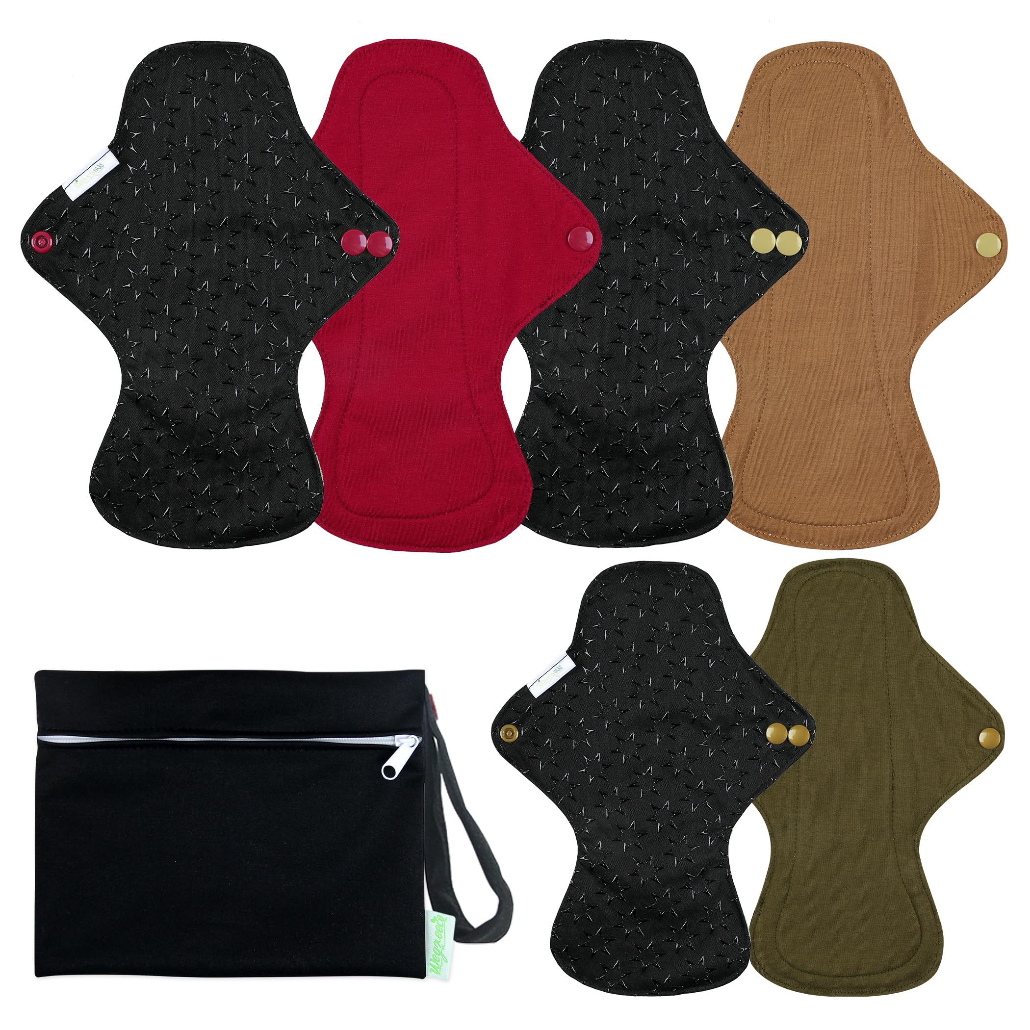 Wegreeco 6 Pack Reusable Menstrual Pads - Ultra Absorbent Cloth Sanitary Pads for Heavy Flow, Teens & Women | Non-Slip Panty Liners with Storage Bag (Aqua, Burgundy, Coffee, Small) | Perfect for Travel, Work & Active Lifestyle