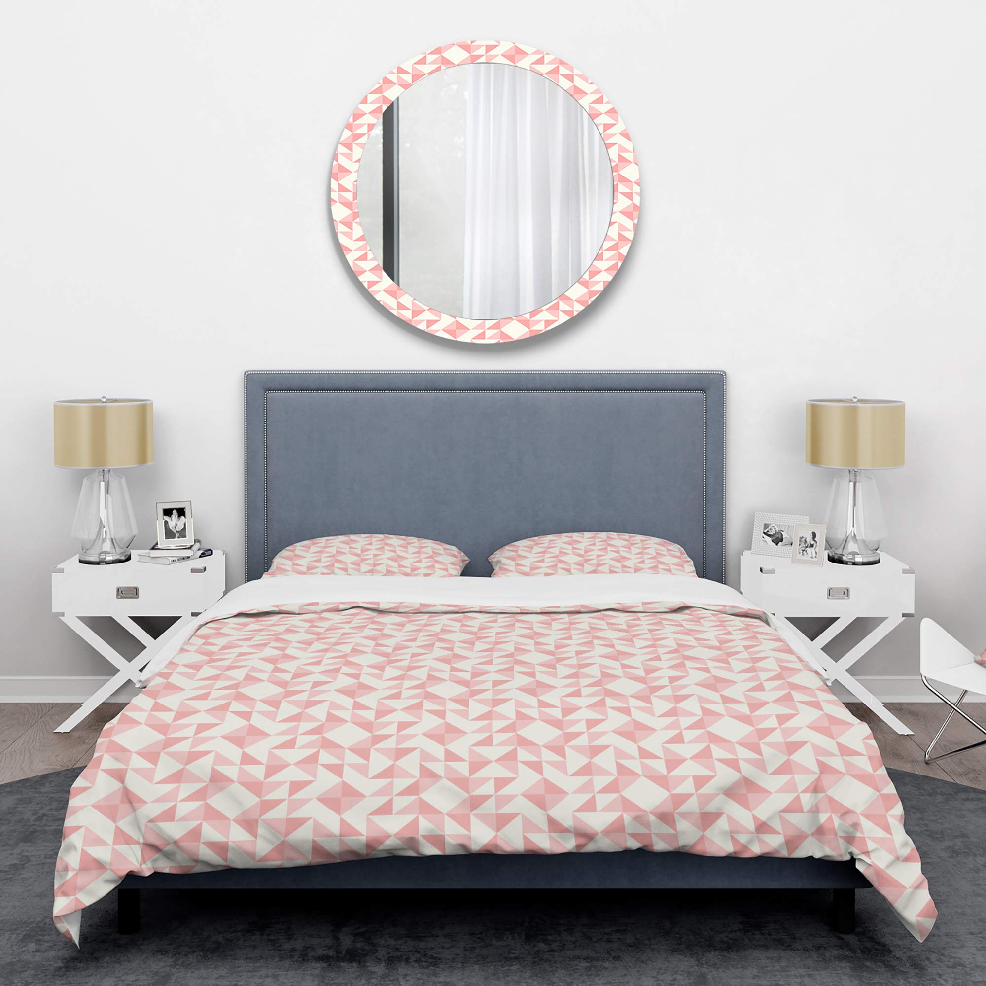 Mid-Century Modern Pink Abstract Geometric Patchwork Quilted Duvet Cover Set King Size - 3 Piece All Season Bedding Set for Vintage Inspired Bedroom Decor