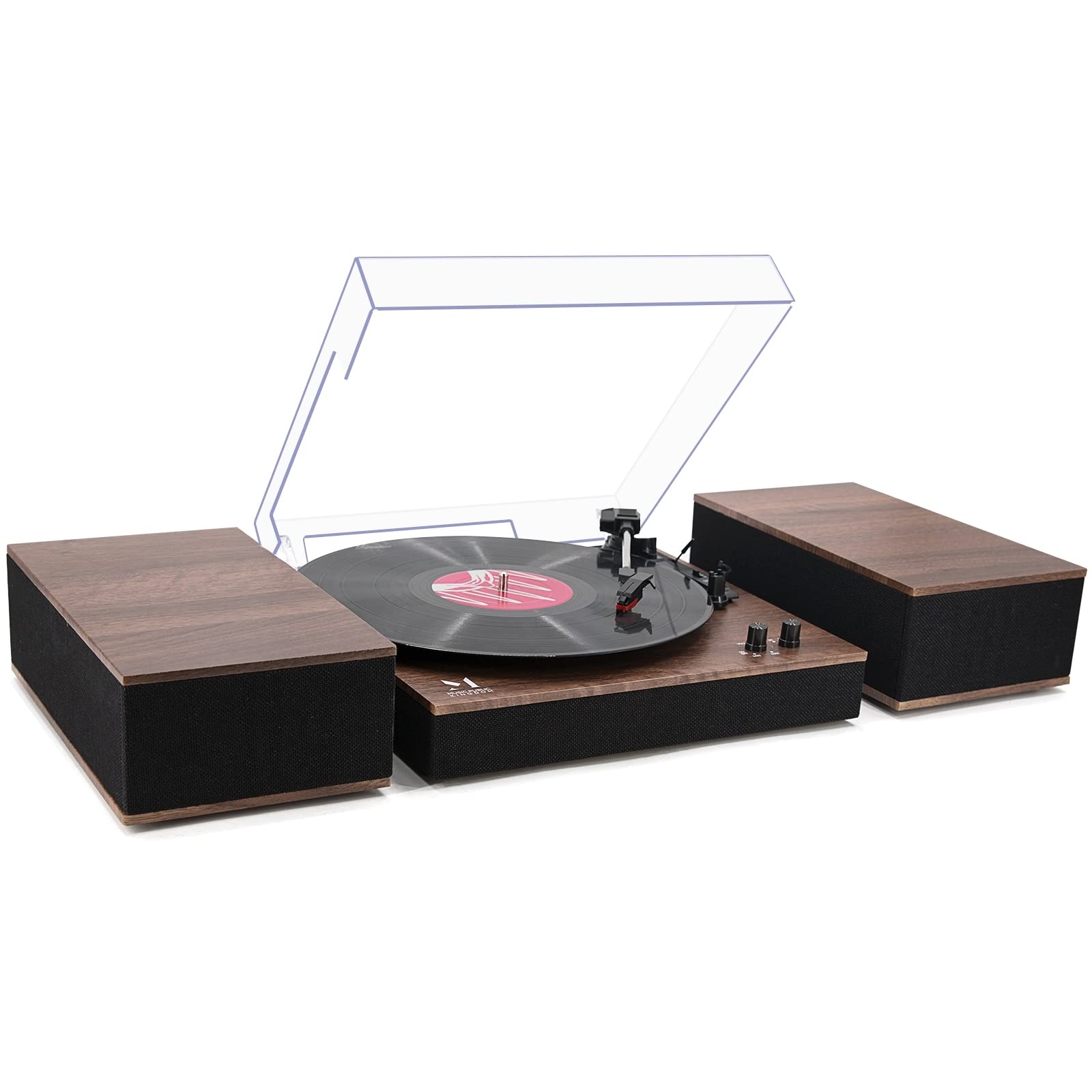 MPK Bluetooth Record Player - HiFi Turntable with Bookshelf Speakers, 3-Speed Belt-Drive Vinyl Player for Wireless Playback & Auto-Stop, Walnut Wood - Perfect for Home Entertainment & Vinyl Record Collection