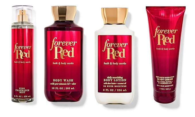 Unisex Forever Red Full Size Body Care Set - Hydrating Lotion, Refreshing Mist, Nourishing Cream & Body Wash for Dry Skin | Perfect Gift for Holidays & Self-Care Routine