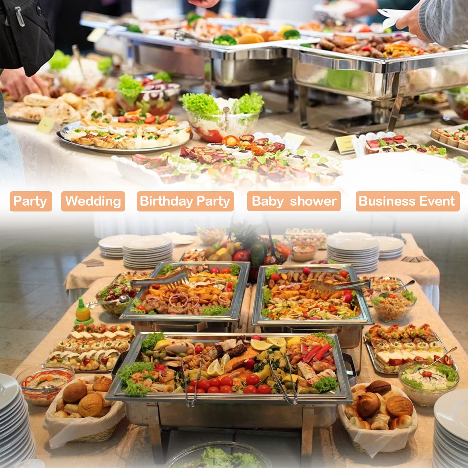 4-Pack Stainless Steel Buffet Chafing Dish Set - 8QT Catering Food Warmers with 7 Trays - Perfect for Weddings, Parties, and Buffet Serving