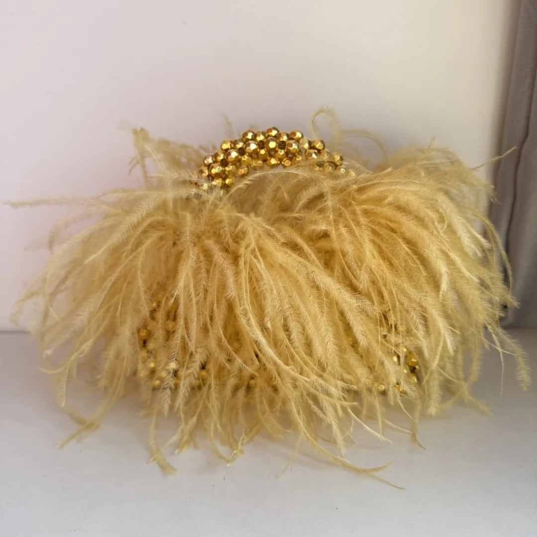 Handmade Designer Pearl Bead Bag with Feather Fur Trim - Elegant Acrylic Crystal Stone Evening Tote Clutch for Women | Perfect for Parties, Weddings & Special Occasions