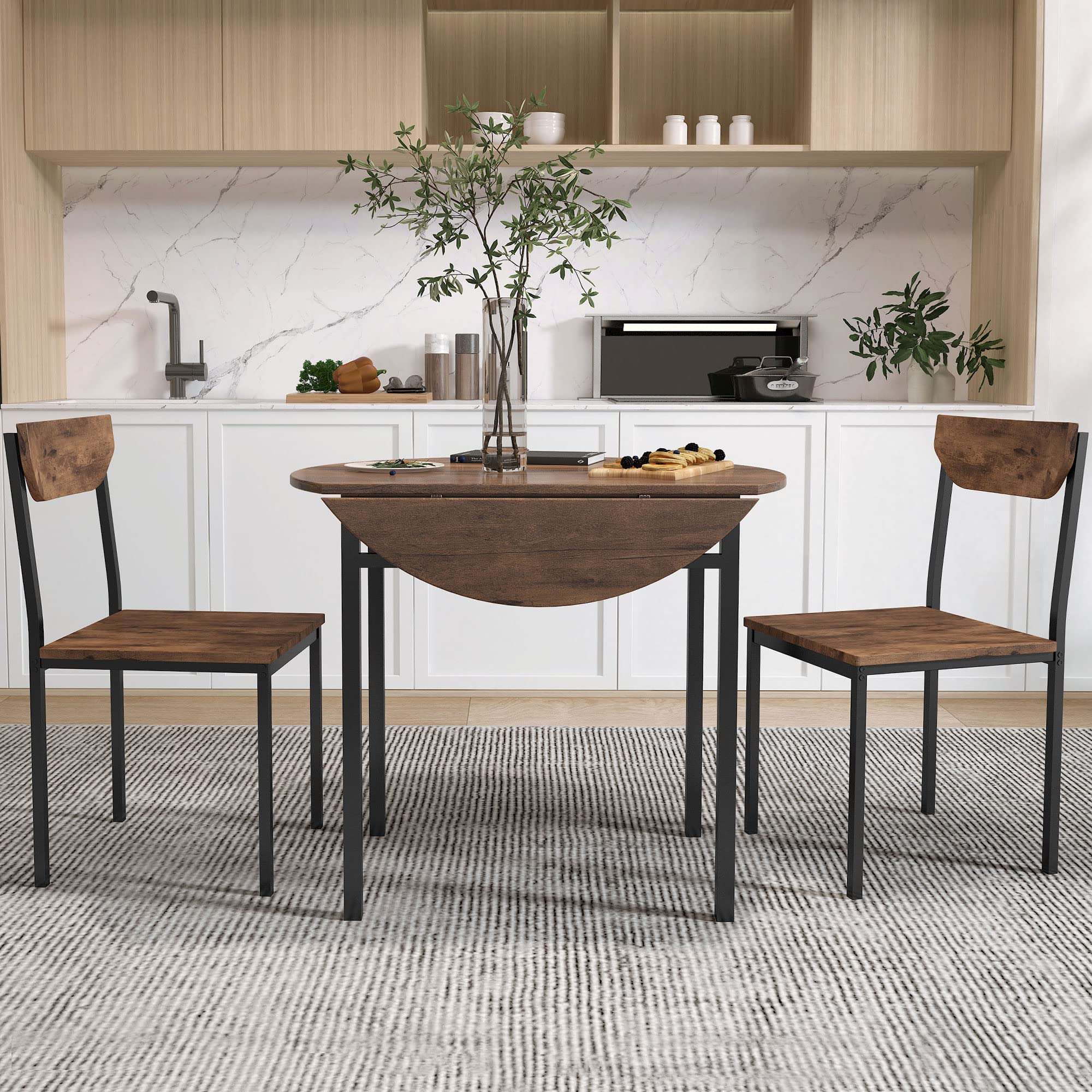 P PURLOVE 3-Piece Round Solid Wood Dining Table Set with 2 Chairs - Farmhouse Drop Leaf Kitchen Table for Small Spaces, Apartments & Compact Homes | Perfect for Breakfast Nooks, Cozy Kitchens & Studio Living