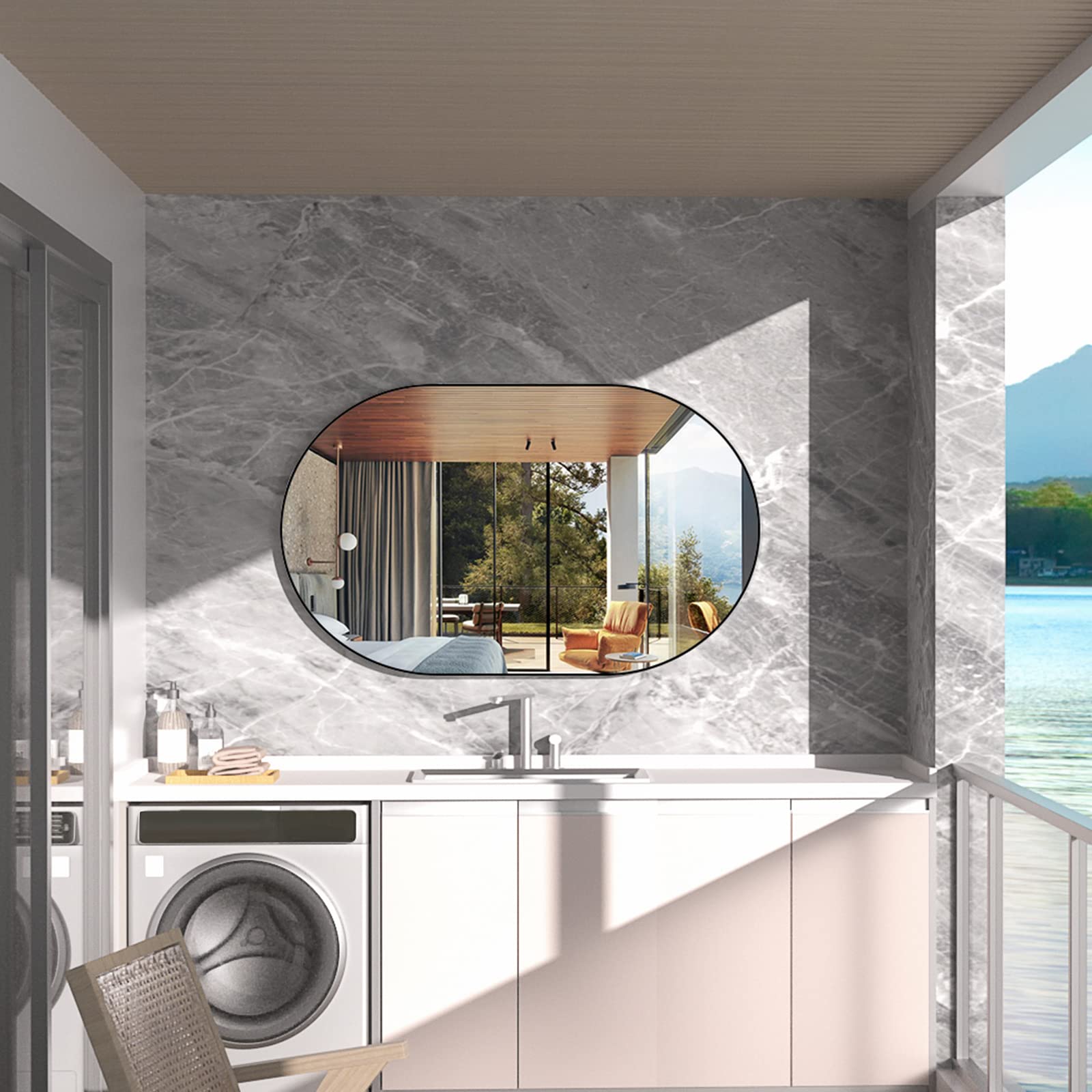 FENNIO 36 x 24 Inch Oval Wall Mirror - Aluminum Frame Vanity Mirror for Bathroom, Bedroom & Living Room, Horizontal or Vertical Hanging, Black - Perfect for Makeup, Home Decor and Space Enhancement