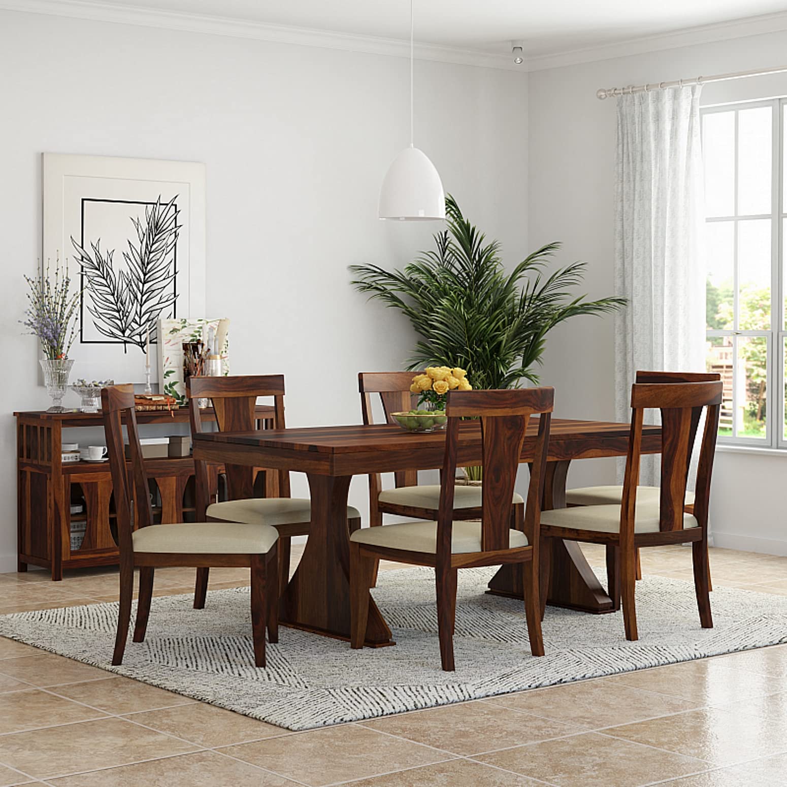 Premium Sheesham Wood 6-Seater Dining Table Set with 6 Cushioned Chairs - Solid Wood Furniture for Home, Living Room, Hall, Hotels & Restaurants (Brown Finish) | 1 Year Warranty | Perfect for Family Dinners, Entertaining Guests & Commercial Dining Spaces
