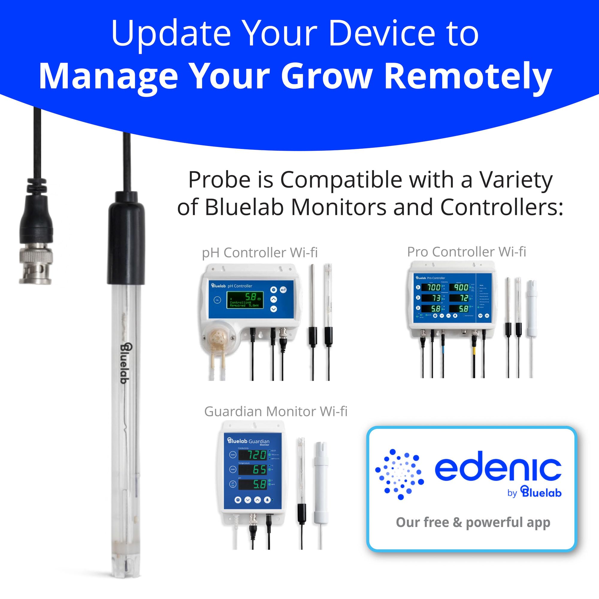 Bluelab PROBPH pH Probe Replacement Electrode for Water Testing - Compatible with pH Meters, Monitors & Controllers - Easy Calibration Tool for Hydroponic Systems, Indoor Plants & Aquariums - Perfect for Hydroponic Gardening, Plant Growth Monitoring & Water Quality Testing