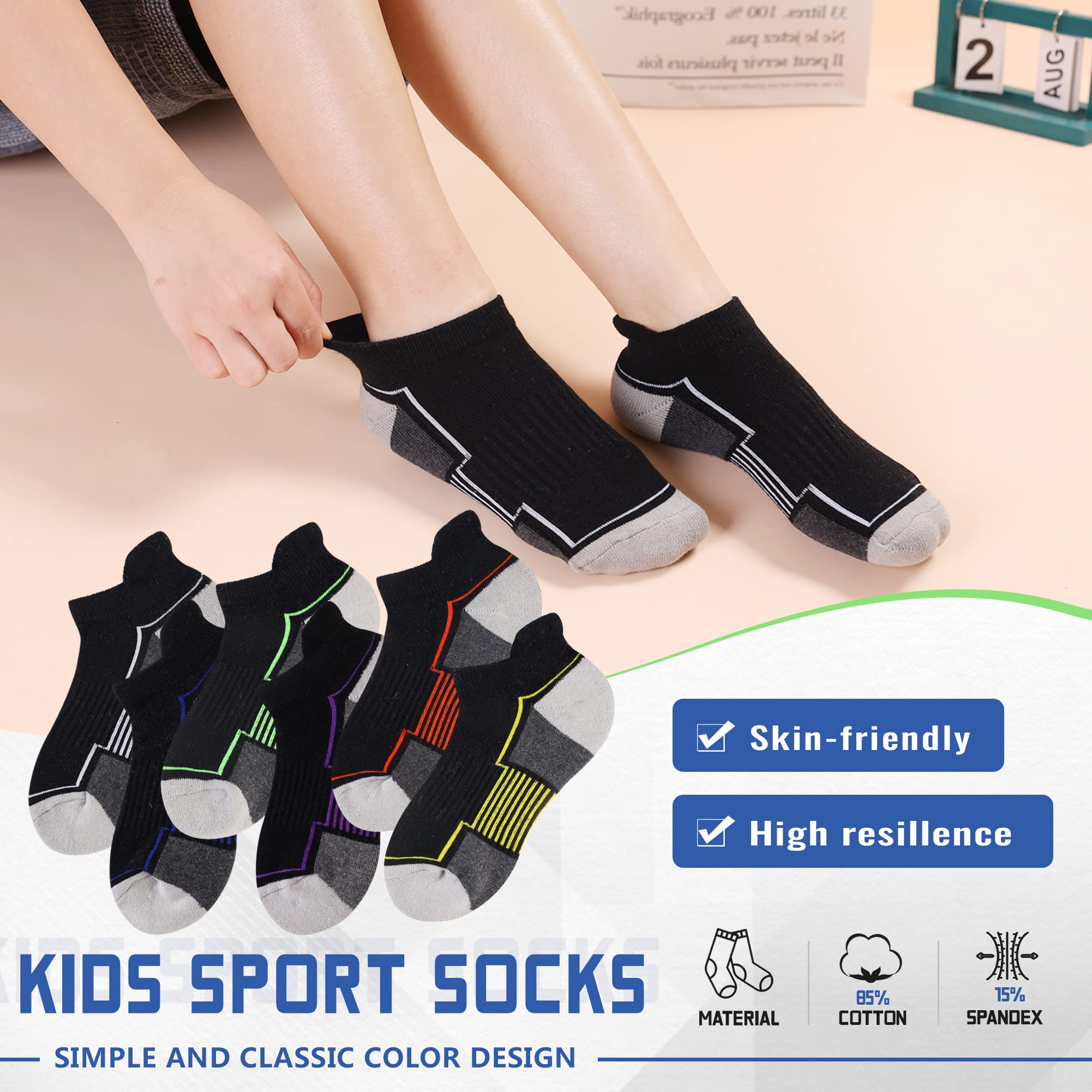 SeeyAN Boys Athletic Ankle Socks - 6 Pairs of Breathable Cotton Low Cut Sports Socks with Half Cushion for Kids - Perfect for Running, Basketball & School Activities