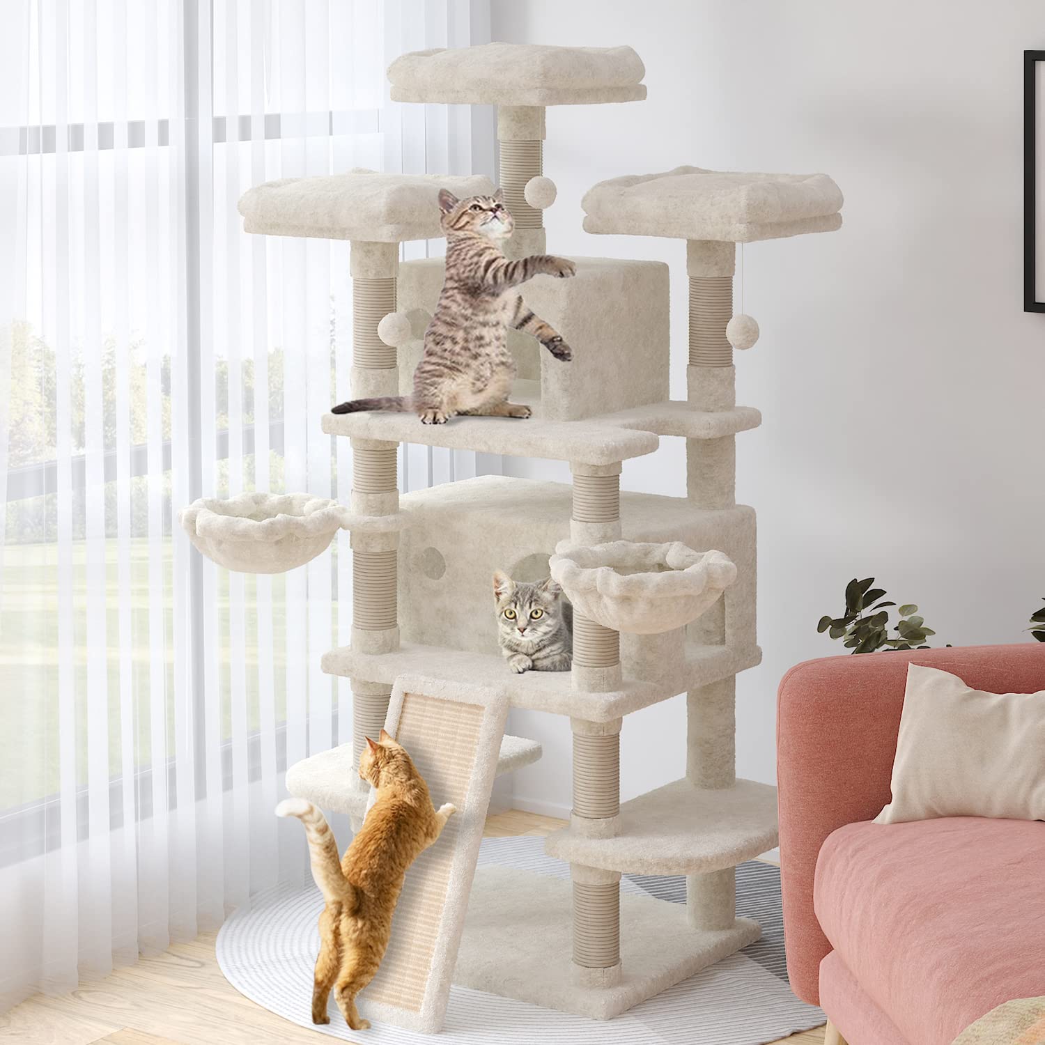 68-Inch Multi-Level Large Cat Tree for Multiple Cats - Cat Condo, Cozy Plush Perches, Sisal Scratching Posts & Hammocks - Durable Cat Activity Center & Play House for Kittens & Adult Cats - Perfect for Home, Apartment & Pet-Friendly Spaces