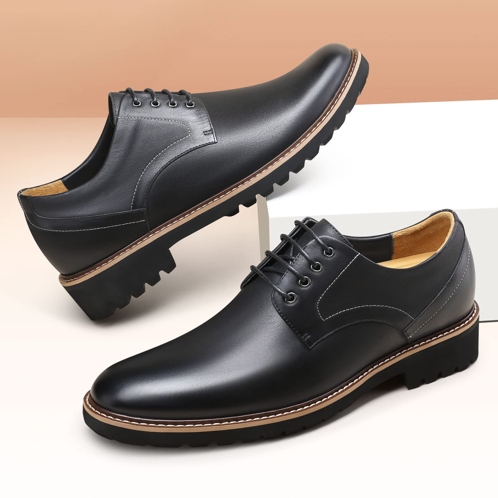 CHAMARIPA Men's Height Increasing Shoes - Leather Lace-up Dress Elevator Shoes (Invisible Lift) for Business, Dating & Formal Occasions