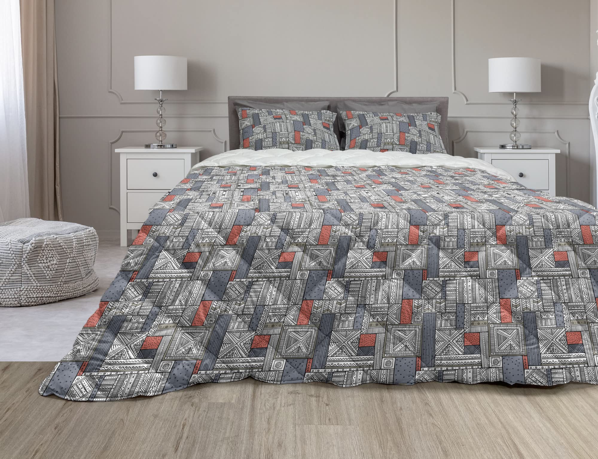 Ambesonne Geometric Comforter Set - 3 Piece Tribal Print Duvet Cover with Microfiber Filling, Full Size in Slate Blue & Dark Salmon - Hand Drawn Bohemian Style Bedding for Guest Room, Dorm or Master Bedroom Decor