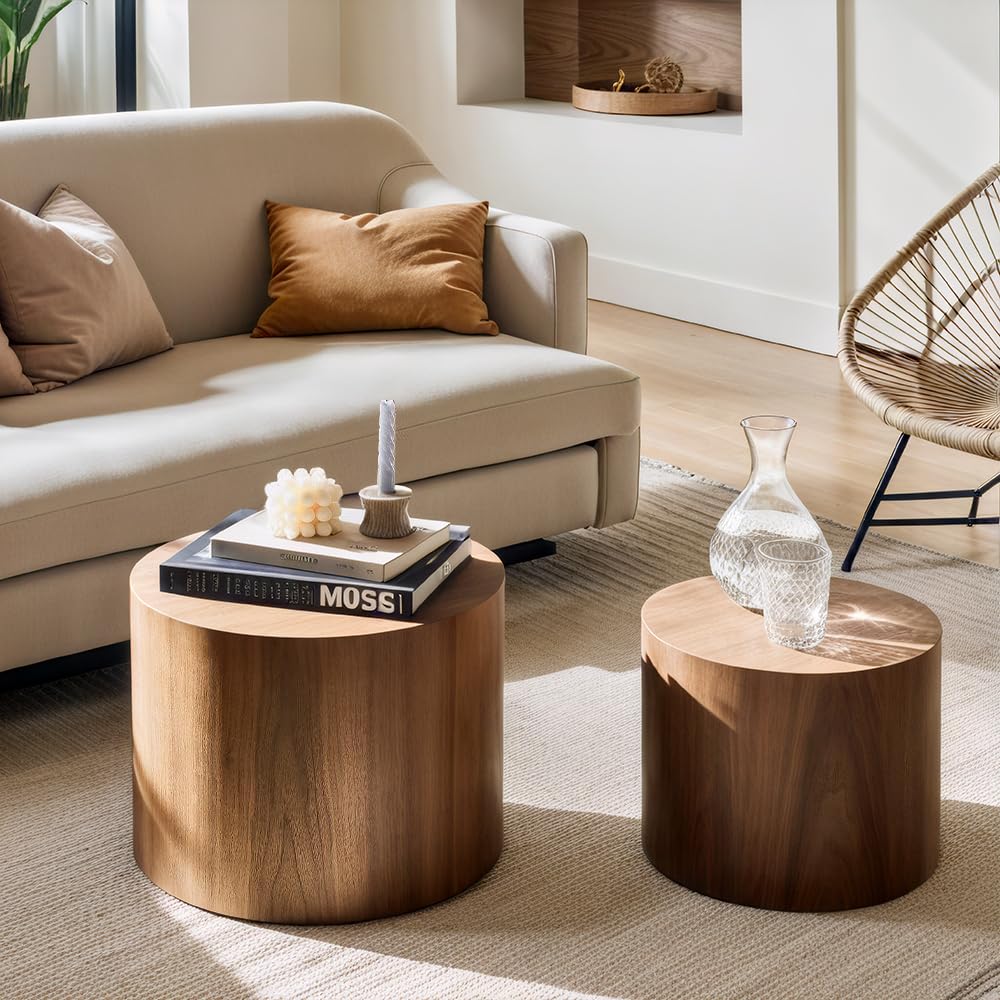 Modern Round Nesting Coffee Table Set of 2 - Walnut Wooden Circle Accent Tables with Non-Slip Feet for Living Room, Bedroom, Office - Space-Saving Drum Side Tables for Small Spaces & Balcony Decor