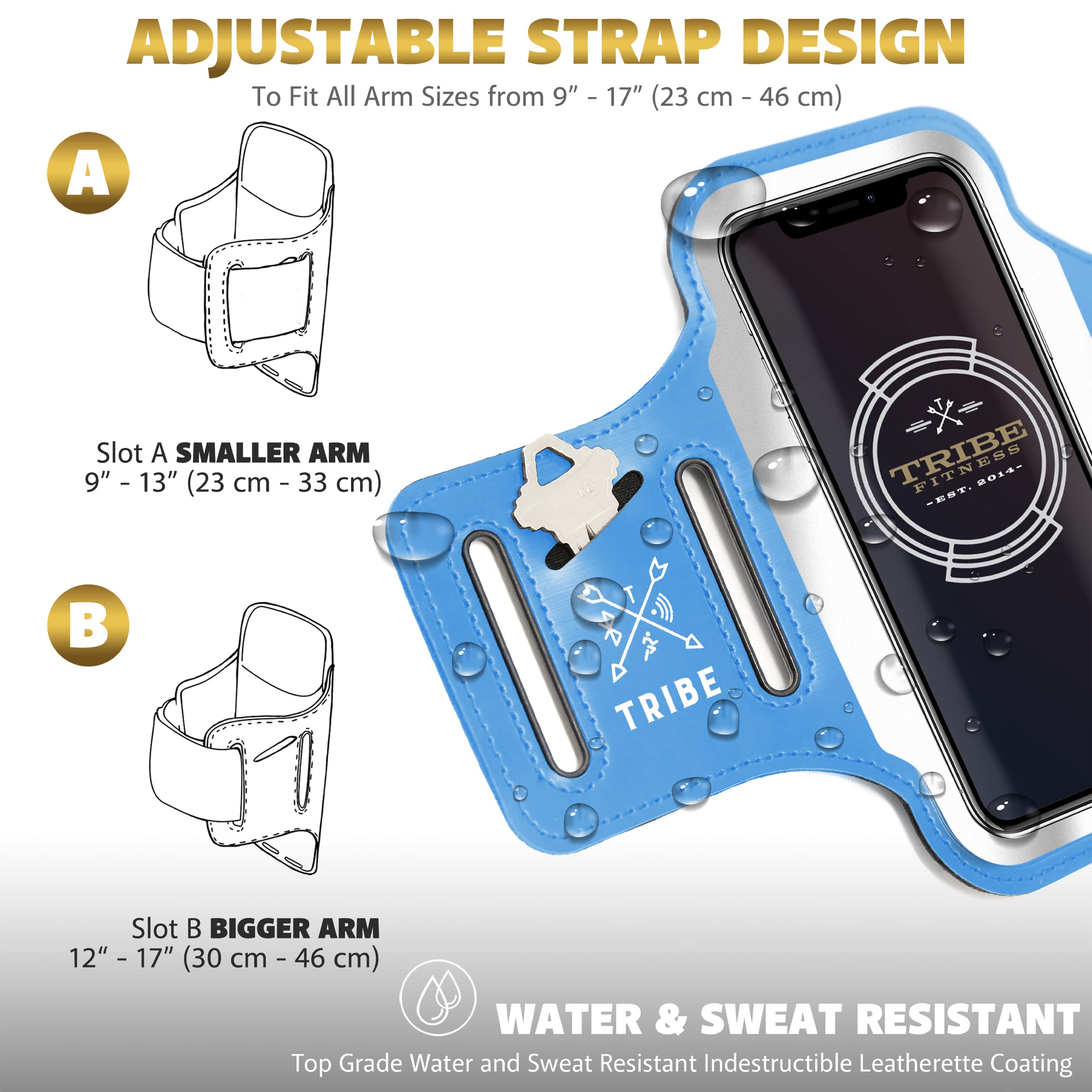 TRIBE Running Phone Holder Armband for iPhone & Galaxy - Adjustable Sports Armband for Men & Women - Perfect for Running, Jogging, Walking, Gym Workout - Fits All Smartphones with CC/Key Pocket - Ideal for Outdoor Activities, Fitness Training & Daily Exercise