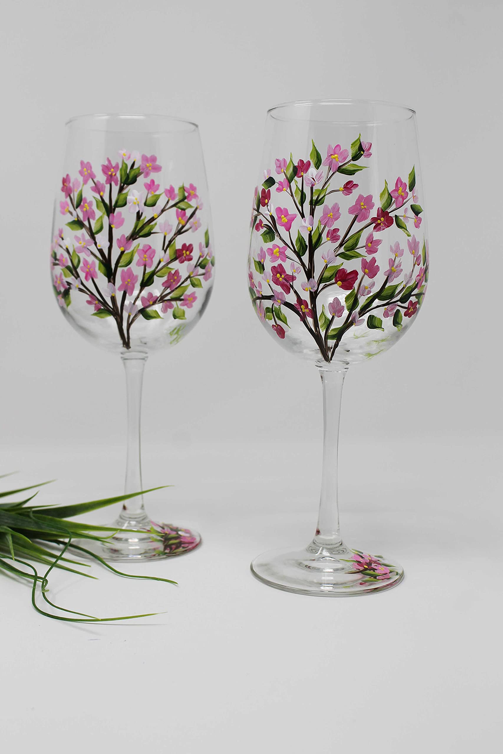 Hand Painted Cherry Blossom Wine Glasses Set of 2 - Elegant Floral Design for Wedding Gifts, Anniversary, Romantic Dinner & Home Decor