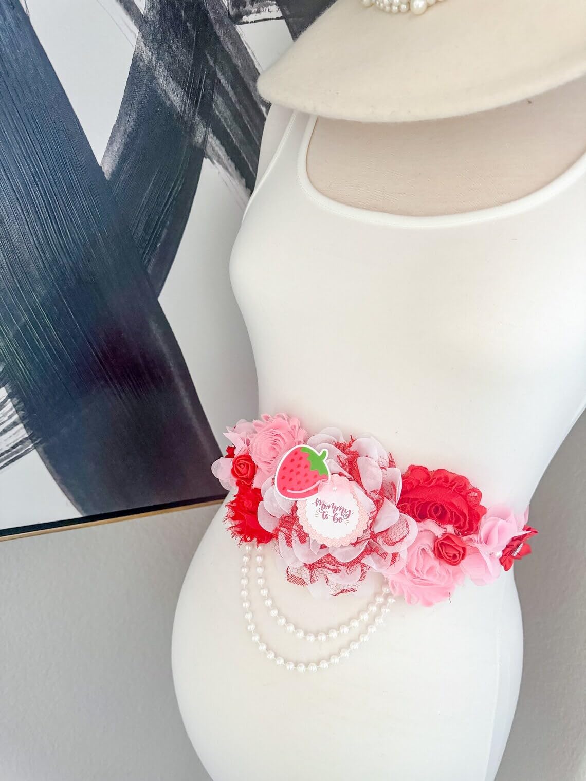 Pink and Red Strawberry Baby Shower Sash for Mom to Be - Matching Dad Pin Included | Perfect for Gender Reveal Parties, Maternity Photos & Baby Showers