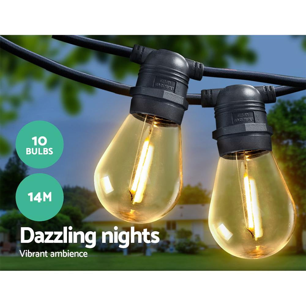 14m LED Festoon String Lights - 10 Bulbs Outdoor Decorative Lighting Kit for Wedding, Party, Christmas, Garden & Patio Decor
