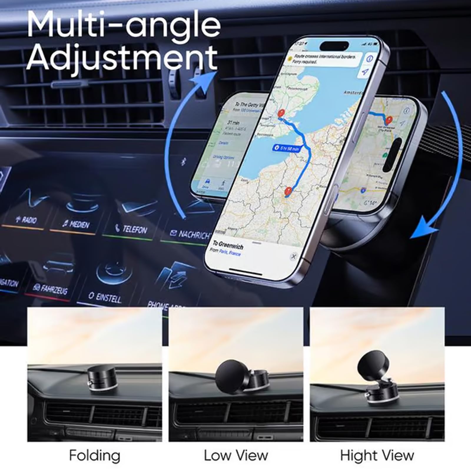 Magnetic Car Phone Holder with Strong Vacuum Suction - Adjustable Double-Sided Mount for iPhone, Samsung & Smartphones - Perfect for Driving, Commuting & Hands-Free Navigation (Black)