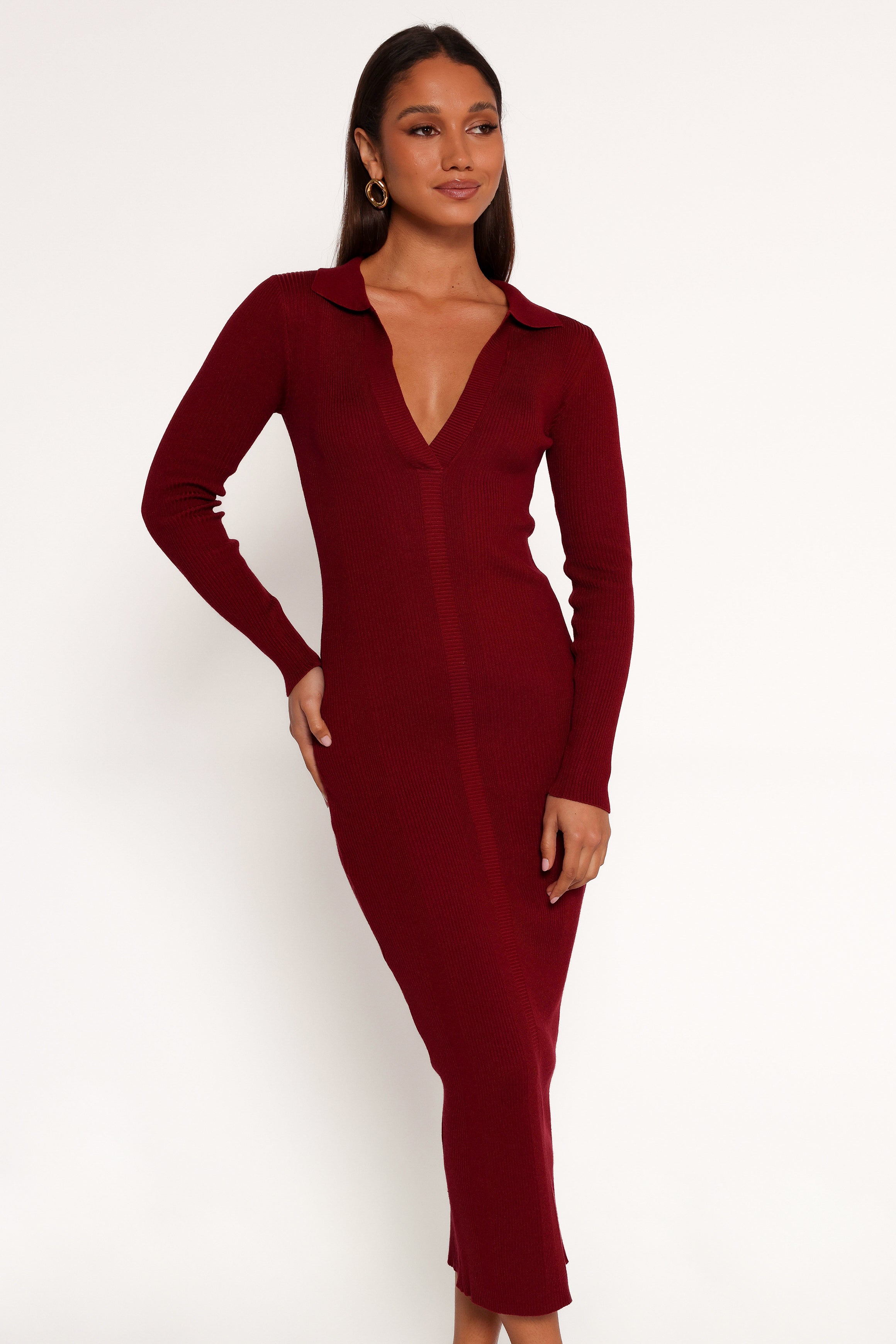 Collins Women's Long Sleeve Midi Dress - Elegant Wine Red Fall Dress for Casual & Office Wear | Plus Size Options Available