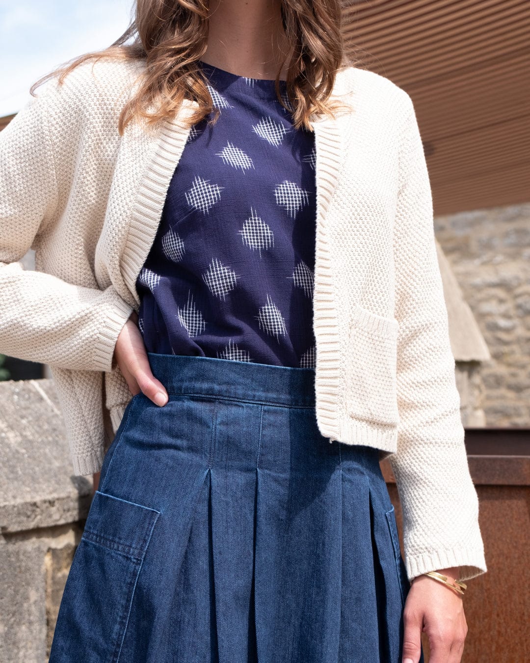 Elsie Women's Cotton Midi Skirt - Blue Denim A-Line Skirt for Casual Wear, Office & Summer Outfits | Comfortable Stretch Waist Skirt