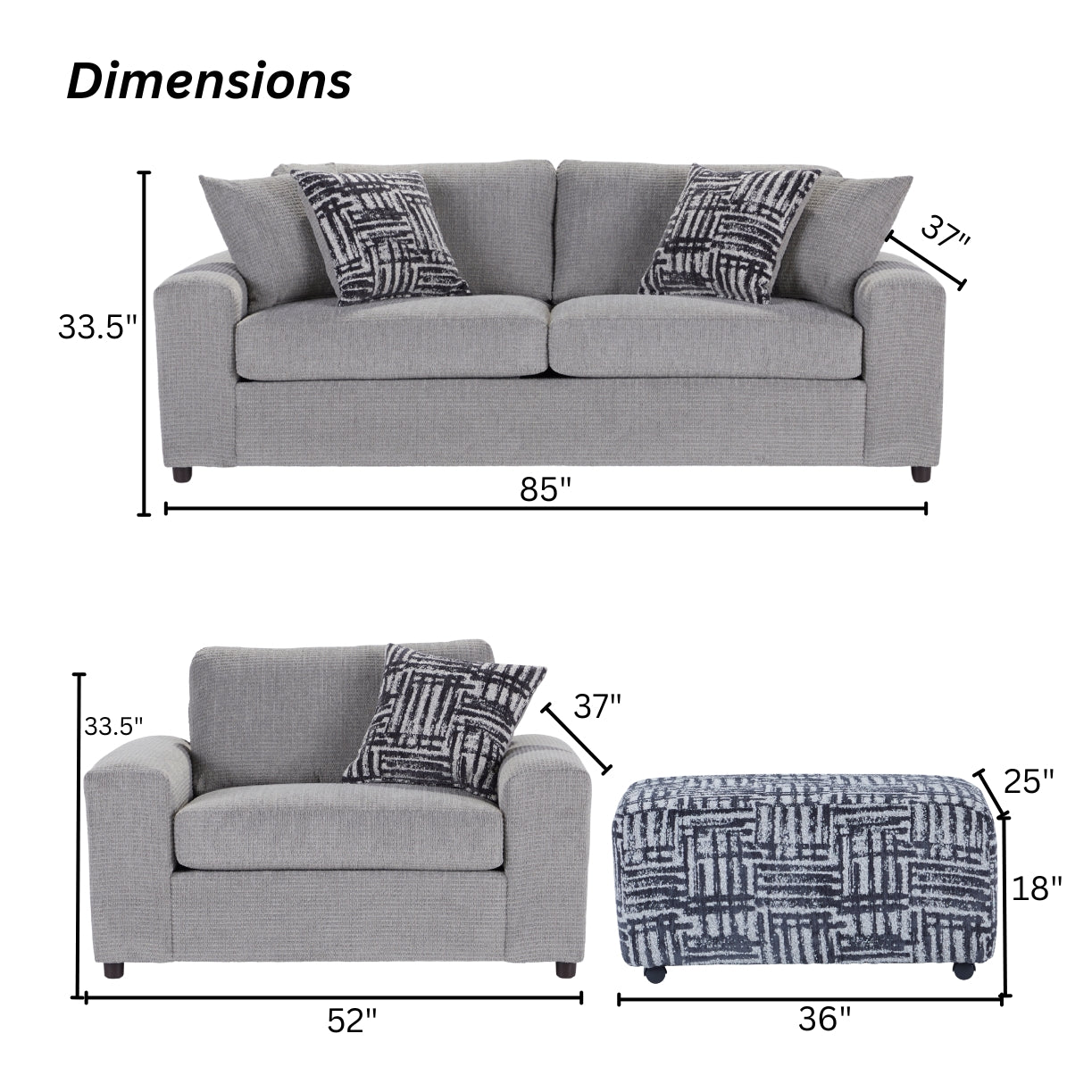 Roundhill Furniture Lancelot Living Room Collection - 3-Piece Sofa Set with Cuddle Chair & Ottoman for Cozy Home Decor | Perfect for Family Movie Nights & Small Space Living Rooms
