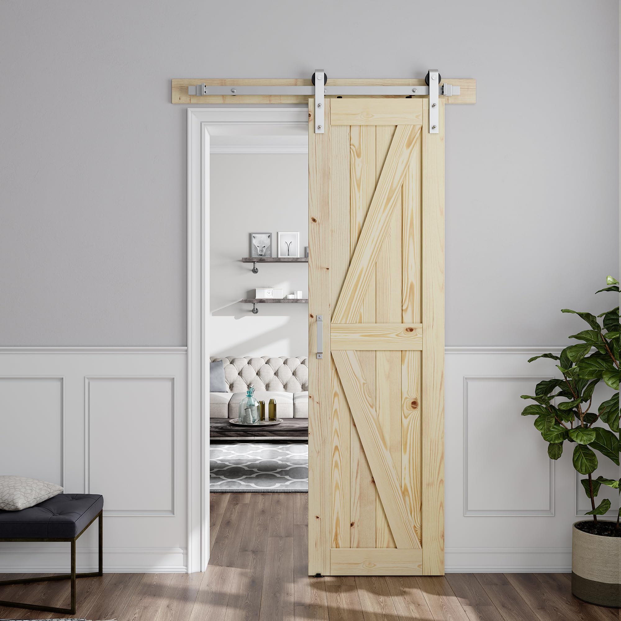 SMARTSTANDARD 24x84 Inch Sliding Barn Door Kit - Brushed Nickel Hardware & Handle Included - Unfinished Solid Spruce Wood Panel with K-Frame - Easy DIY Assembly - Perfect for Bedroom, Closet or Farmhouse Style Home Decor