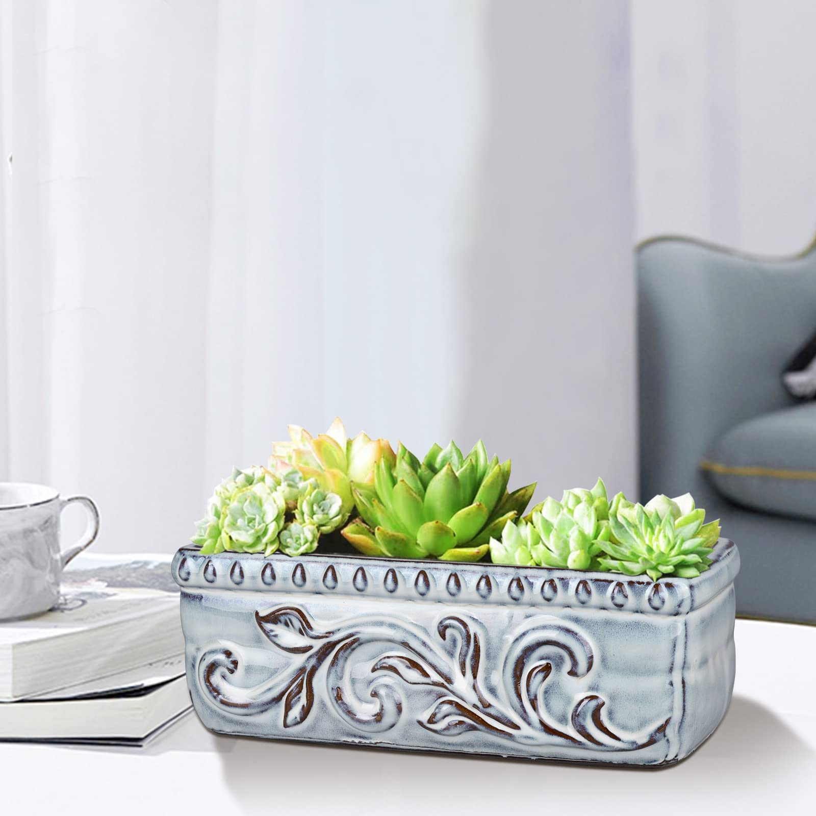 10 Inch Rectangular Ceramic Succulent Planter with Drainage Hole - Square Flower Pot for Indoor/Outdoor Plants, Bonsai & Home Decor - Perfect for Windowsills, Desks, Patios and Garden Decor