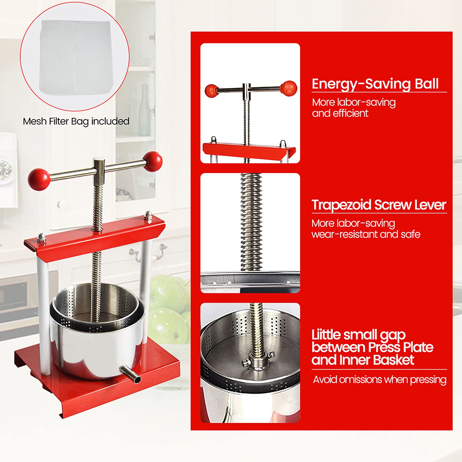 Stainless Steel Manual Fruit Wine Press 0.8 Gallon (3L) - Heavy Duty Juice Extractor for Apples, Grapes, Berries - Ideal for Homemade Cider, Wine, Olive Oil & Cheese Making - Perfect for Home Brewing & Kitchen Use